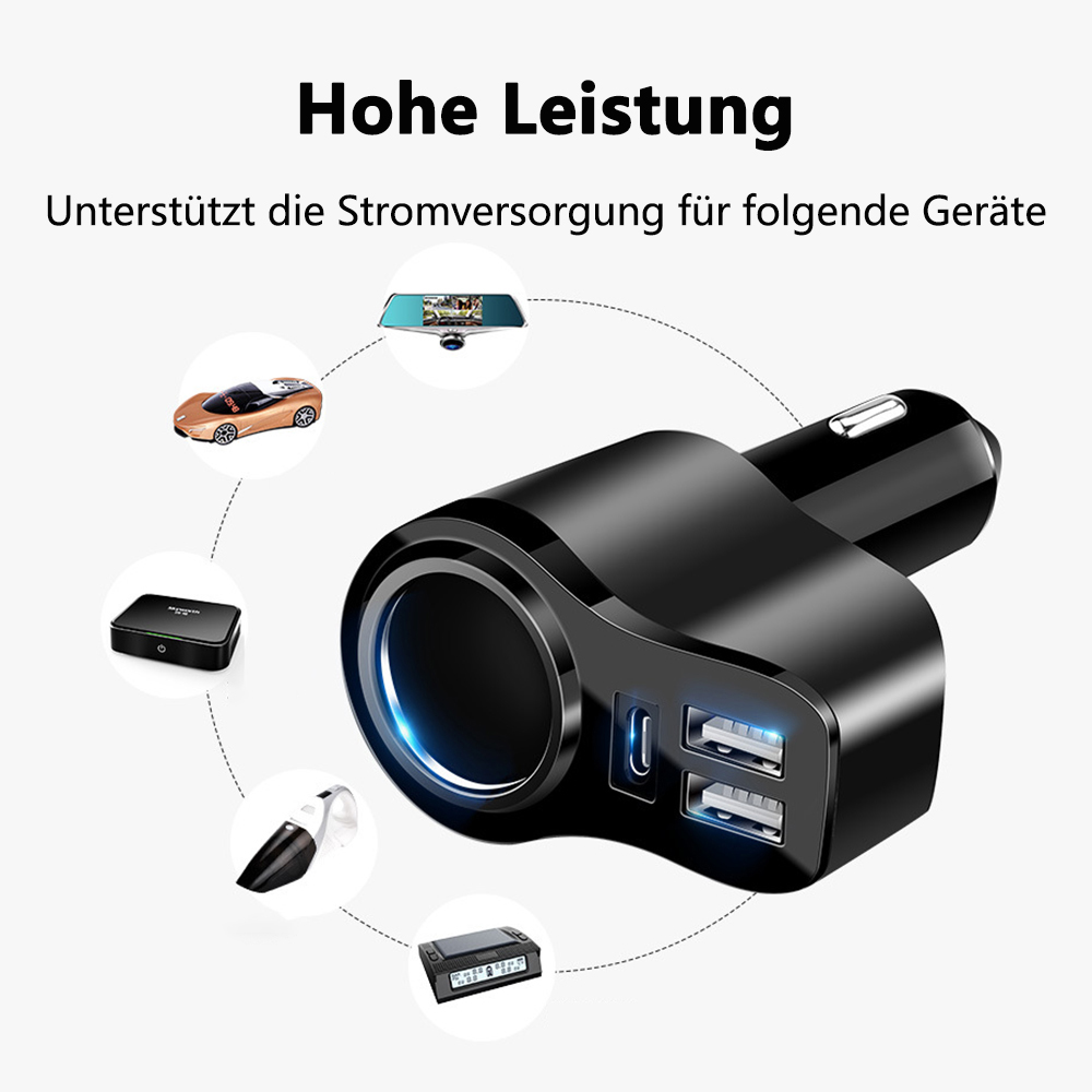 Schwarzes Autoladegerät mit zwei USB-Anschlüssen. Text auf Deutsch lautet: 'Hohe Leistung' und 'Unterstützt die Stromversorgung...'