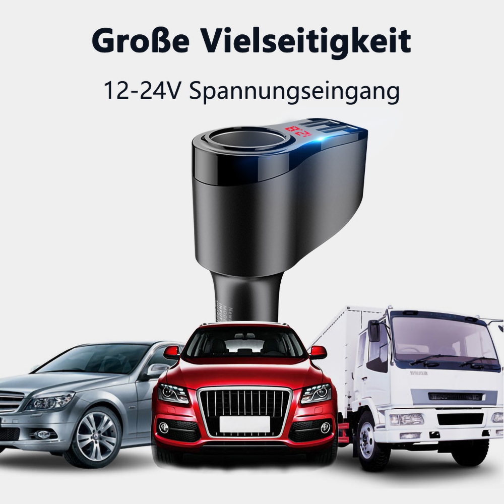 Das Bild zeigt ein schwarzes Autoladegerät über drei Fahrzeugen: einem silbernen Auto, einem roten Auto und einem weißen Lastwagen.