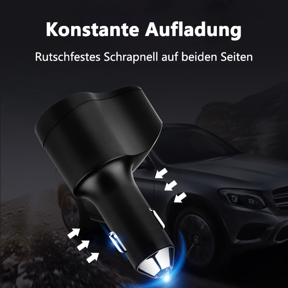 Ein schwarzes Autoladegerät mit weißen Pfeilen, die darauf zeigen. Autosilhouette im Hintergrund. Text auf Deutsch oben.
