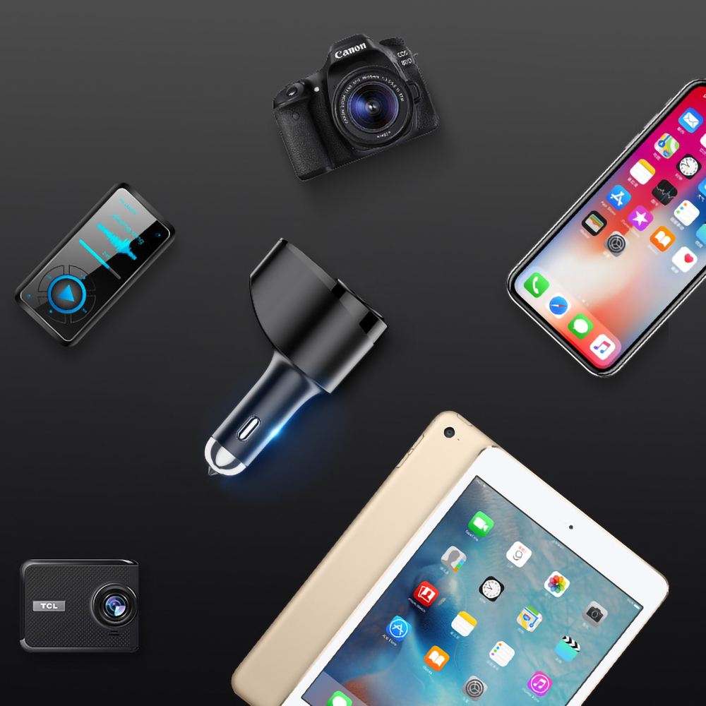 Schwarze Canon-Kamera, Telefon, Tablet, MP3-Player, Autoladegerät und Action-Cam auf dunkler Oberfläche.