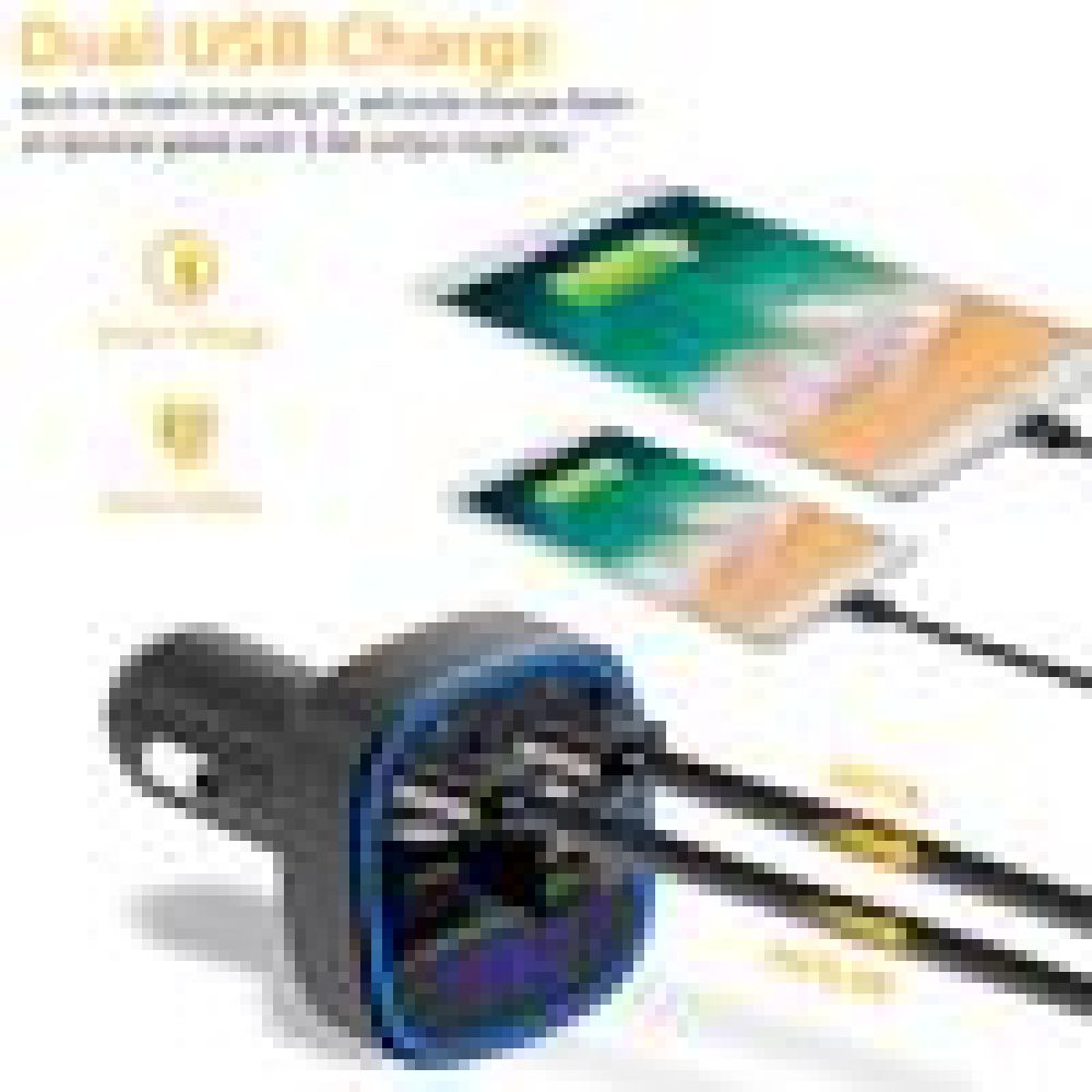 Ein schwarzes Dual-USB-Autoladegerät mit zwei angeschlossenen Telefonen. Die Bildschirme der Telefone sind sichtbar, das Ladegerät hat einen blauen Ring.