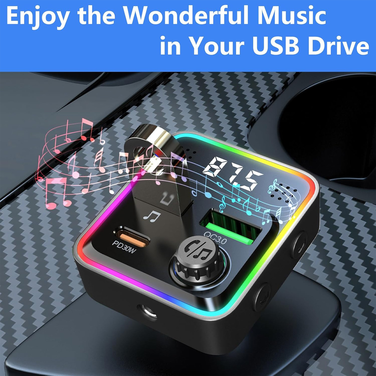 Ein schwarzer USB-Musikadapter für das Auto, der 87,5 anzeigt, mit bunten Lichtern. Noten im Hintergrund. Text: Genießen Sie die wundervolle Musik.