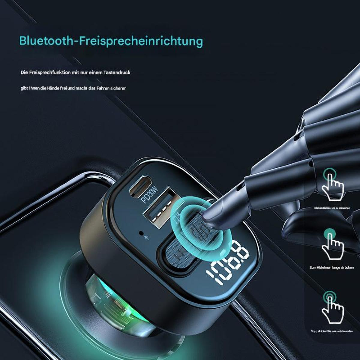Ein schwarzes Bluetooth-Gerät für das Auto mit einem Bildschirm, der 106,8 anzeigt. Eine Hand drückt die mittlere Taste. Das Gerät ist an einen Autoanschluss angeschlossen.