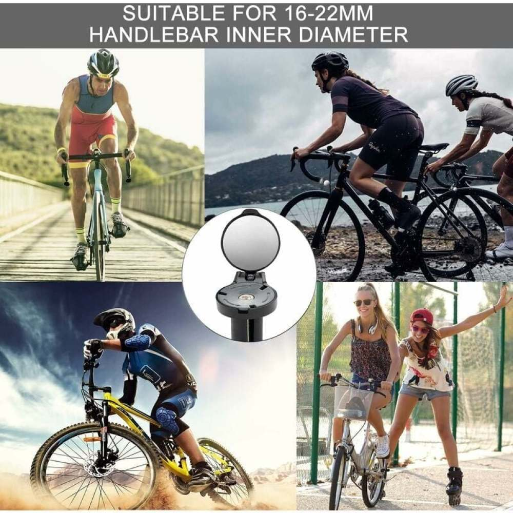 Das Bild zeigt Radfahrer, einen Fahrradspiegel und den Text 'Geeignet für 16-22mm Lenkerinnendurchmesser'. Radfahrer fahren auf Straßen.