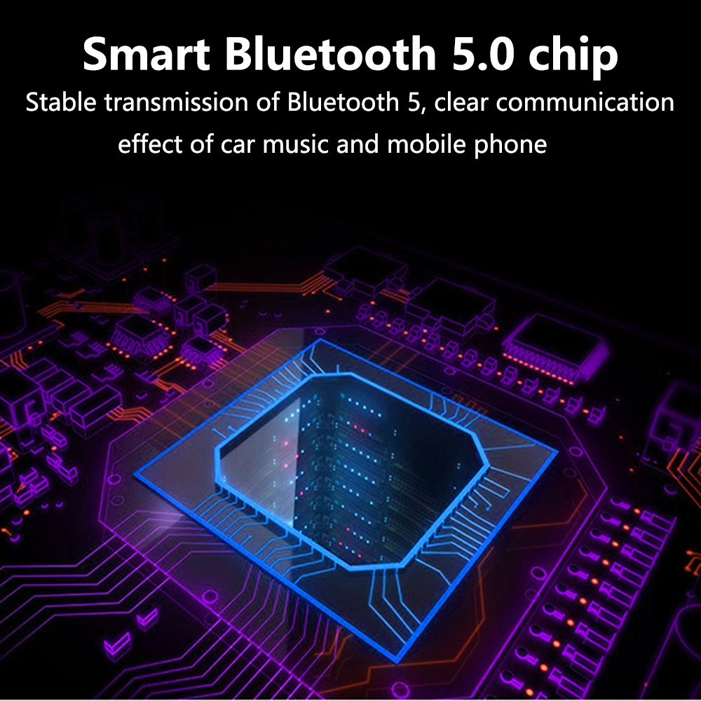 Ein digitales Bild eines Smart Bluetooth 5.0-Chips. Es hat ein blaues Quadrat in der Mitte mit einer Leiterplatte darum und Text oben.