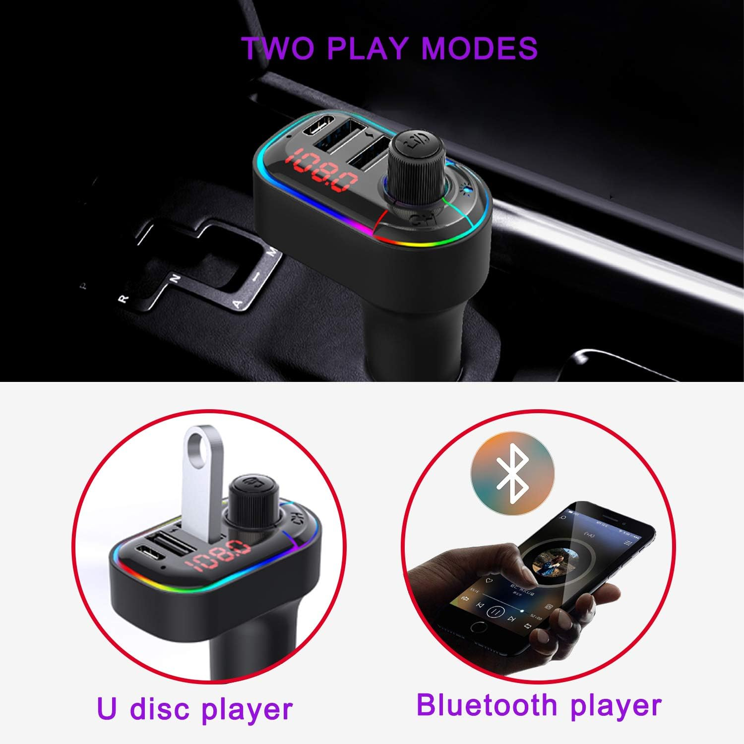 Ein Autogerät mit Digitalanzeige 108.0 und zwei Modi: U-Disc-Player und Bluetooth-Player. Der Text "ZWEI SPIELMODI" ist sichtbar.