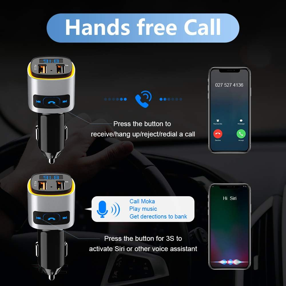 Das Bild zeigt ein Freisprech-Autokit mit Telefonbildschirmanzeigen. Es hebt Anruffunktionen, Siri-Aktivierung und Musiksteuerung hervor.