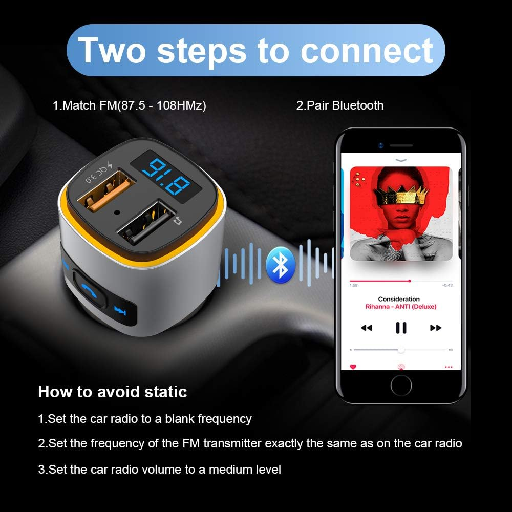 Ein Auto-FM-Transmitter und ein Telefon mit Musik. Anweisungen zum Anschließen und Vermeiden von statischen Störungen sind ebenfalls vorhanden.