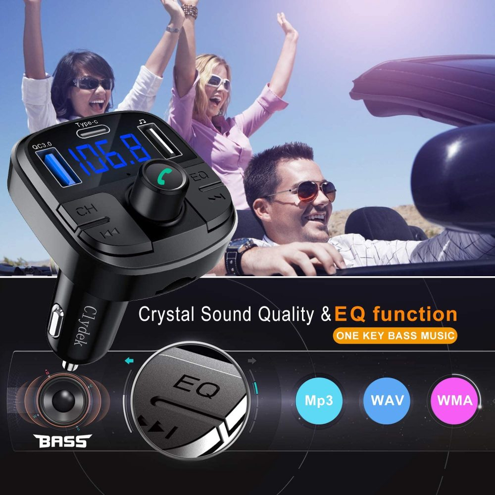 Ein Bluetooth-Adapter für das Auto wird gezeigt. Drei Personen sitzen in einem Cabrio, der Adapter ist im Vordergrund, und die Worte „Crystal Sound Quality“.