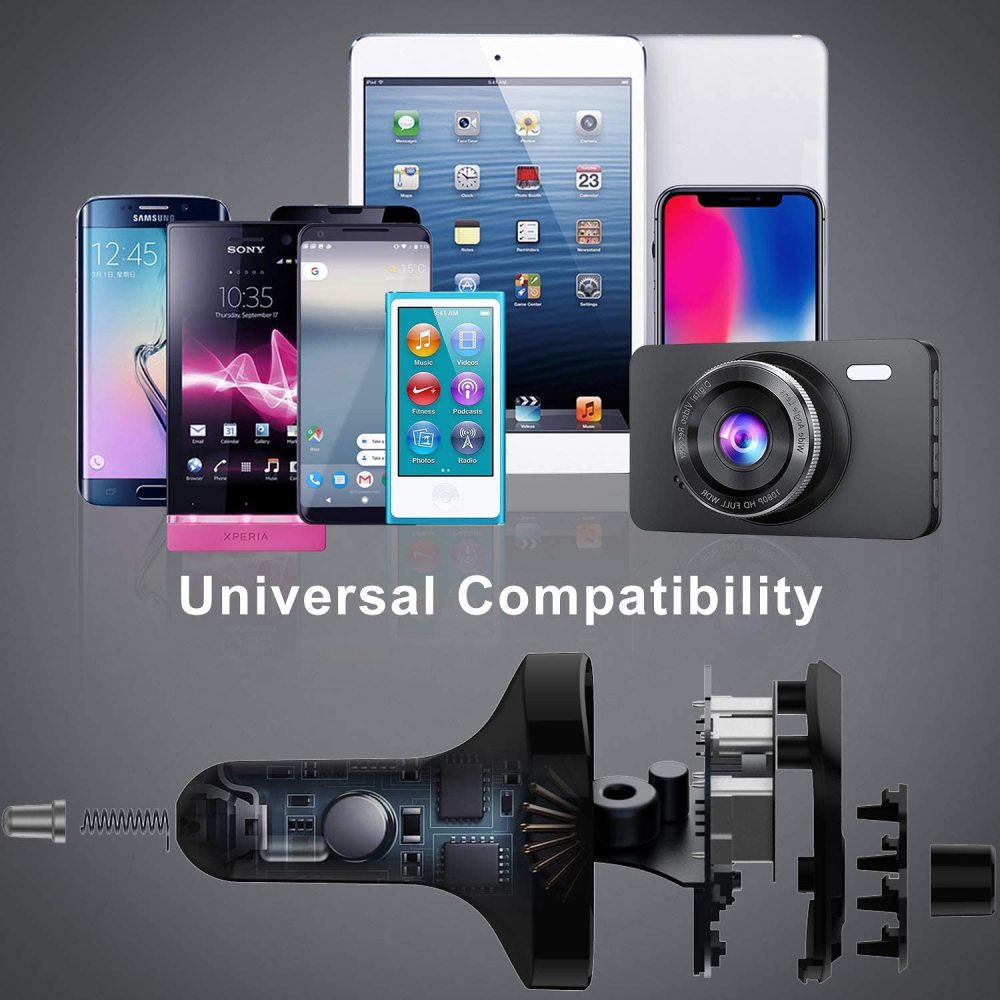 Das Bild zeigt verschiedene elektronische Geräte wie Telefone, Tablets und eine Kamera. Der Satz 'Universal Compatibility' steht darunter.