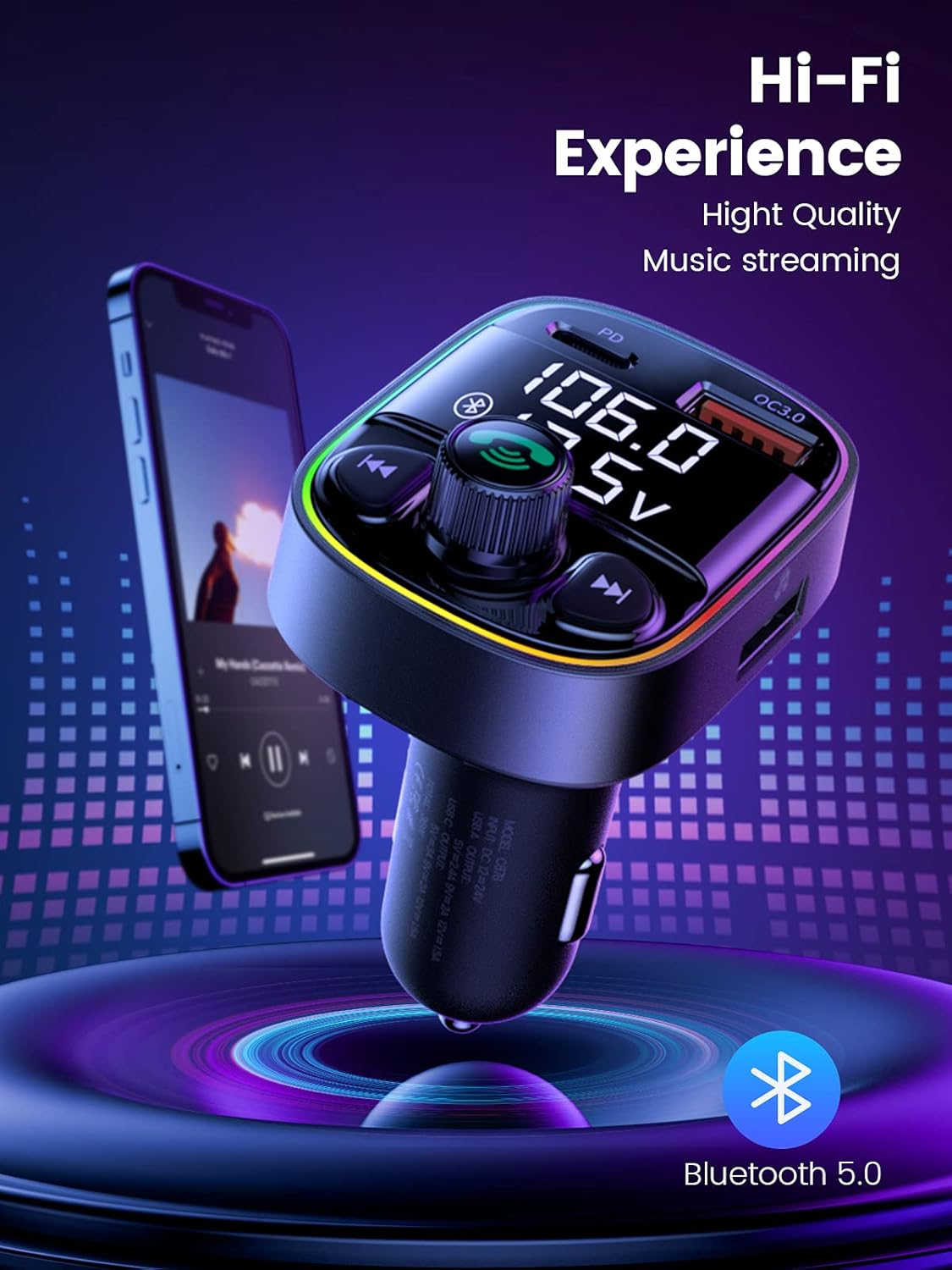 Ein Auto-Bluetooth-FM-Transmitter mit einem Telefon, das eine Musik-App anzeigt, zur Förderung von Hi-Fi-Erlebnis und Bluetooth 5.0.