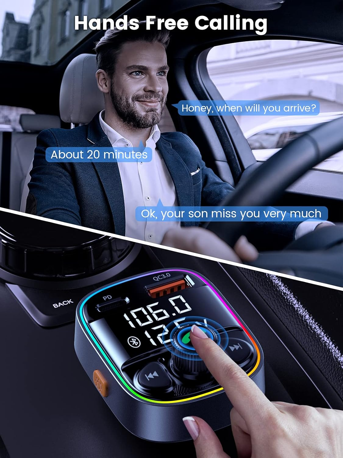 Ein Mann im Auto telefoniert. Ein Gerät zeigt die Radiofrequenz und ein Finger einer Frau berührt es.
