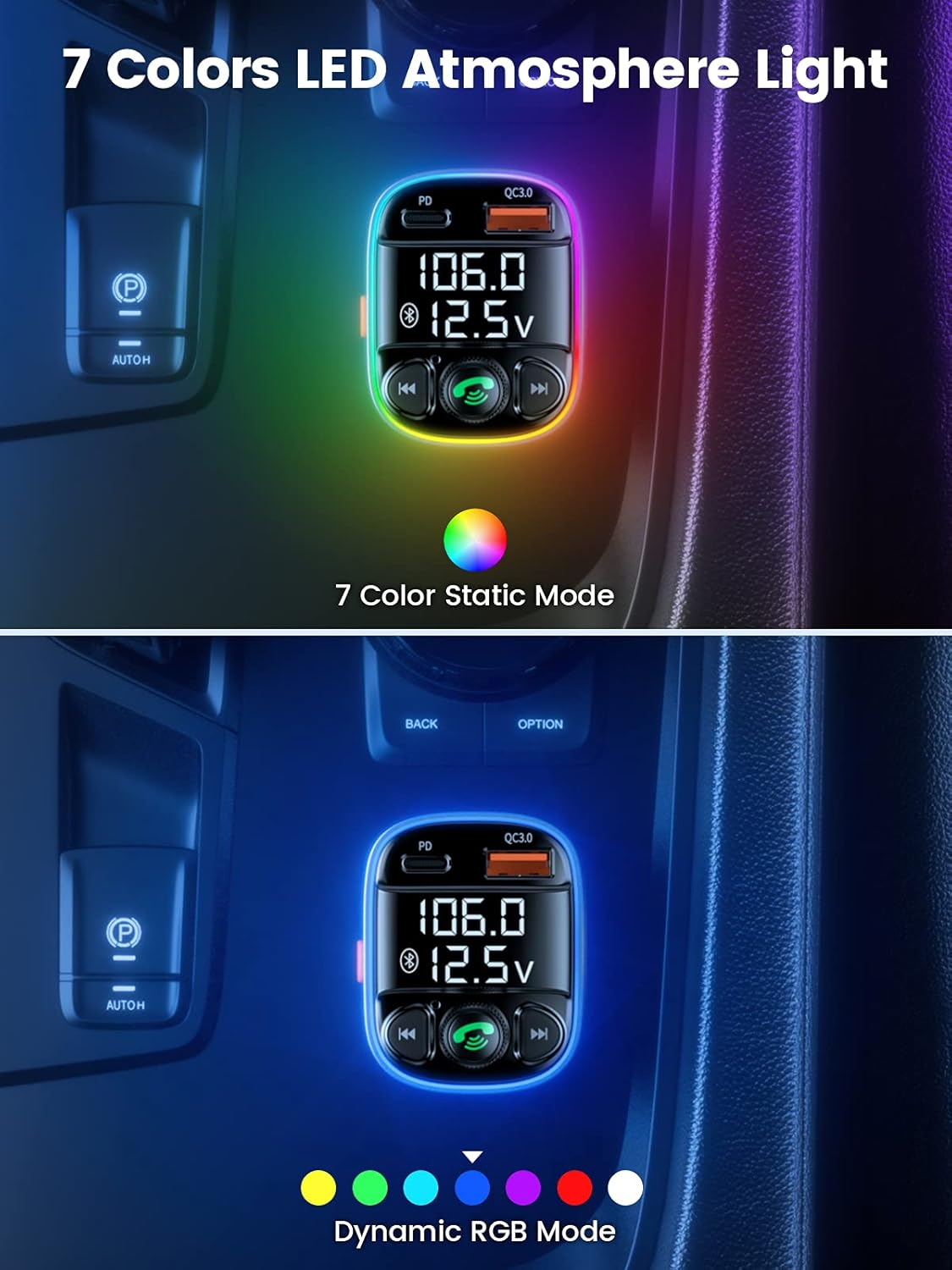 Autoinnenraum mit Digitalanzeige, die 106,0 und 12,5 V anzeigt. Es hat ein 7-farbiges LED-Licht und eine Taste mit dem Buchstaben P und AUTOH.