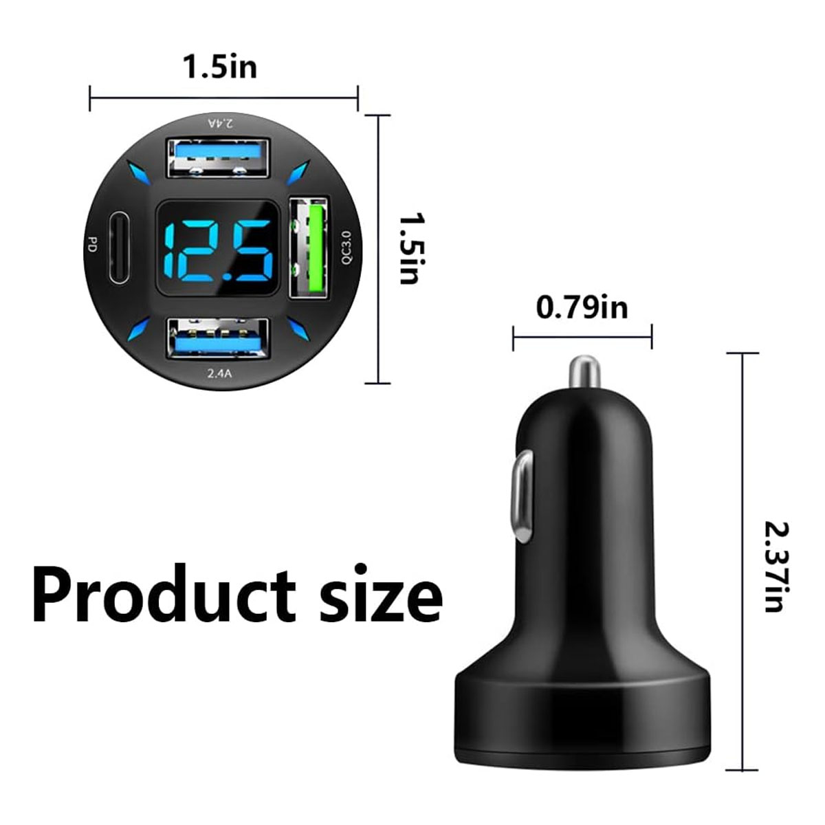 Das Bild zeigt ein schwarzes Autoladegerät mit Maßen. Links befindet sich ein runder Ladegerät mit USB-Anschlüssen. Text sagt 'Produktgröße'.