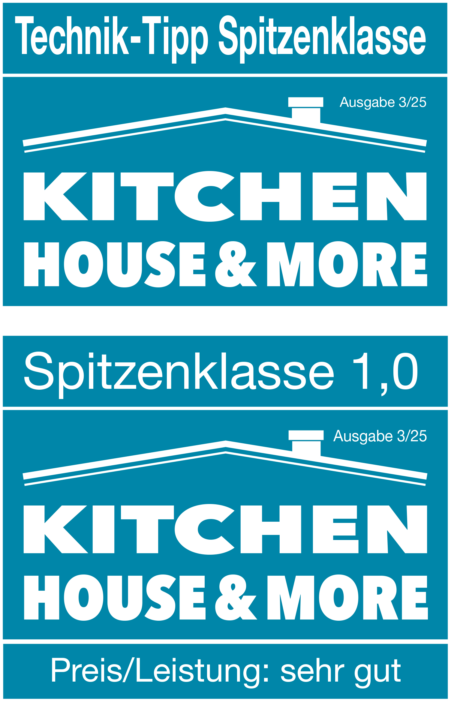 Das Bild zeigt das Logo 'KITCHEN HOUSE & MORE' mit Text darüber und darunter. Es zeigt auch 'Spitzenklasse 1,0' und 'Preis/Leistung: sehr gut'.