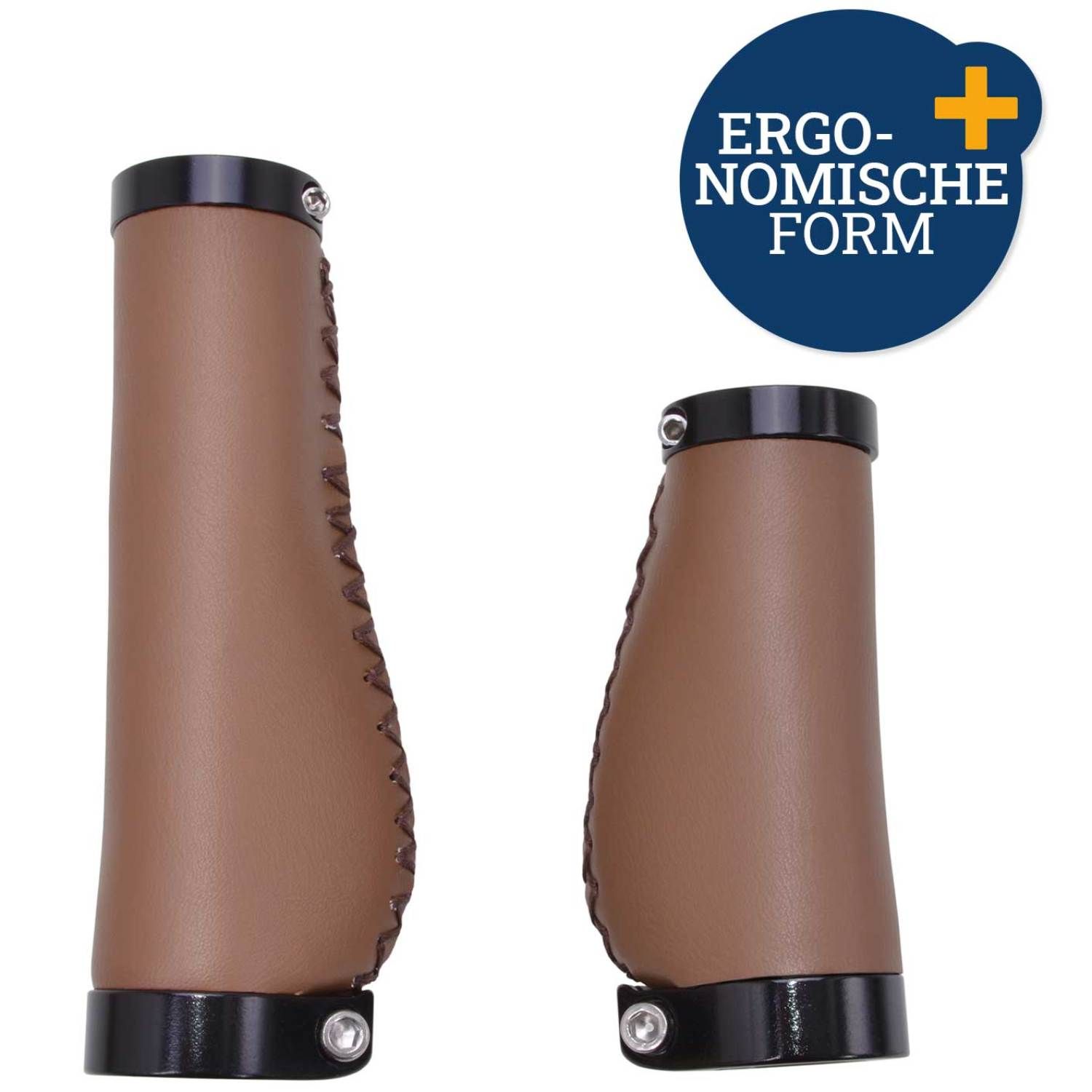 Zwei braune ergonomische Fahrradgriffe mit schwarzen Enden und Nähten sowie ein blauer Kreis mit Text und einem Pluszeichen.