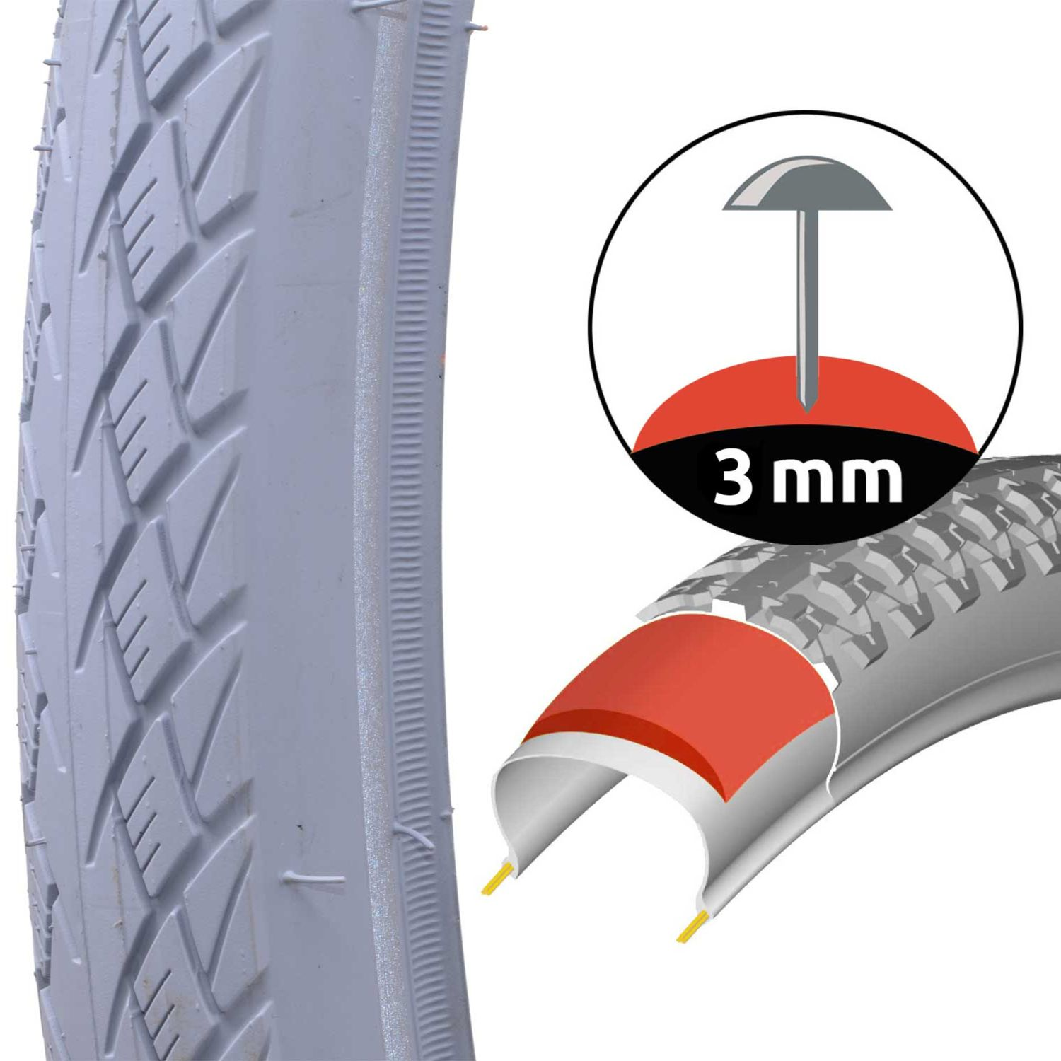Grauer Fahrradreifen mit Profil, ein Nagelsymbol und ein Querschnitt mit roter Innenschicht und dem Text '3 mm'.