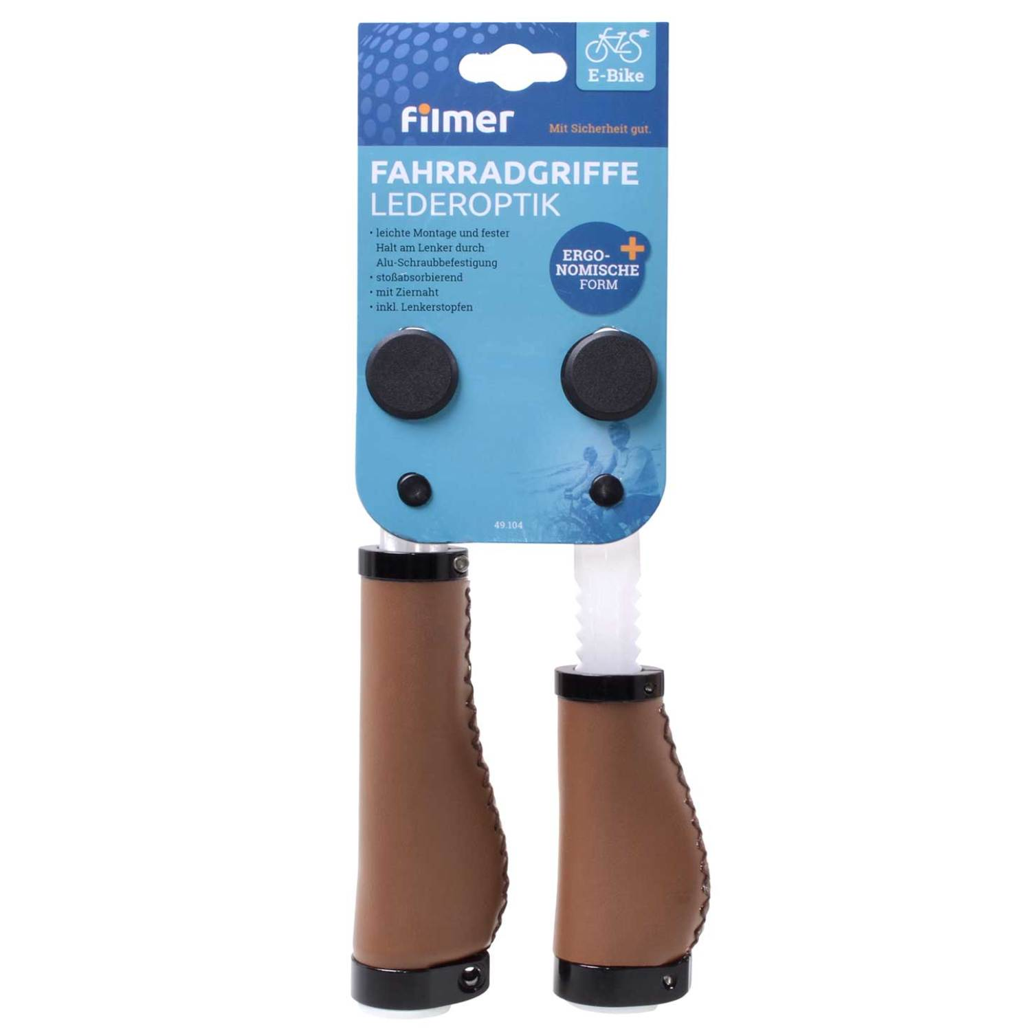 Braune Leder-Fahrradgriffe auf einer blau-weißen Verpackung. Die Verpackung hat Text auf Deutsch, einschließlich "E-Bike" und "Ergonomische Form".