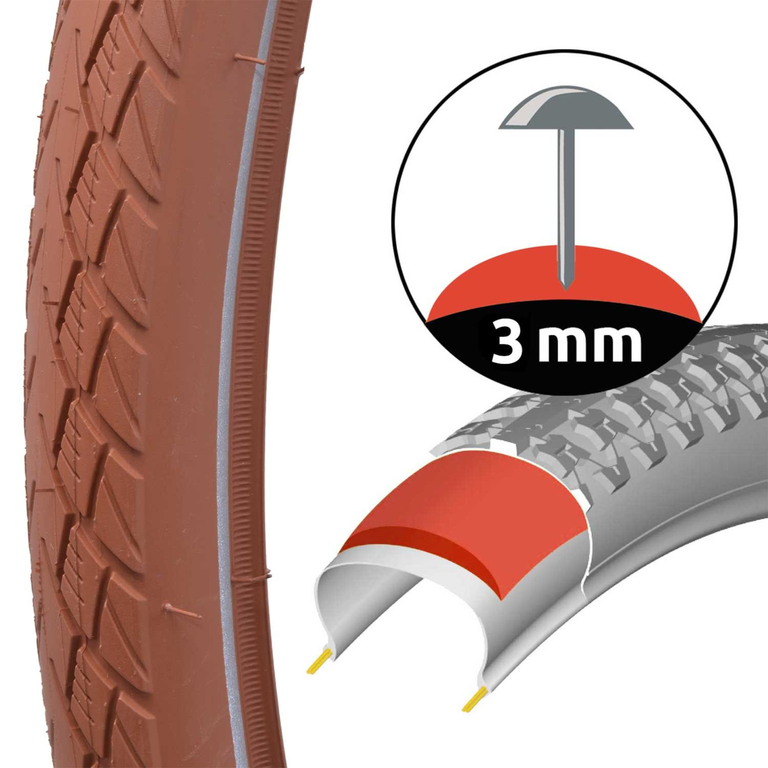 Ein Fahrradreifen mit Querschnitt, der seine inneren Schichten zeigt, und ein Diagramm eines Nagels mit einer 3-mm-Angabe.