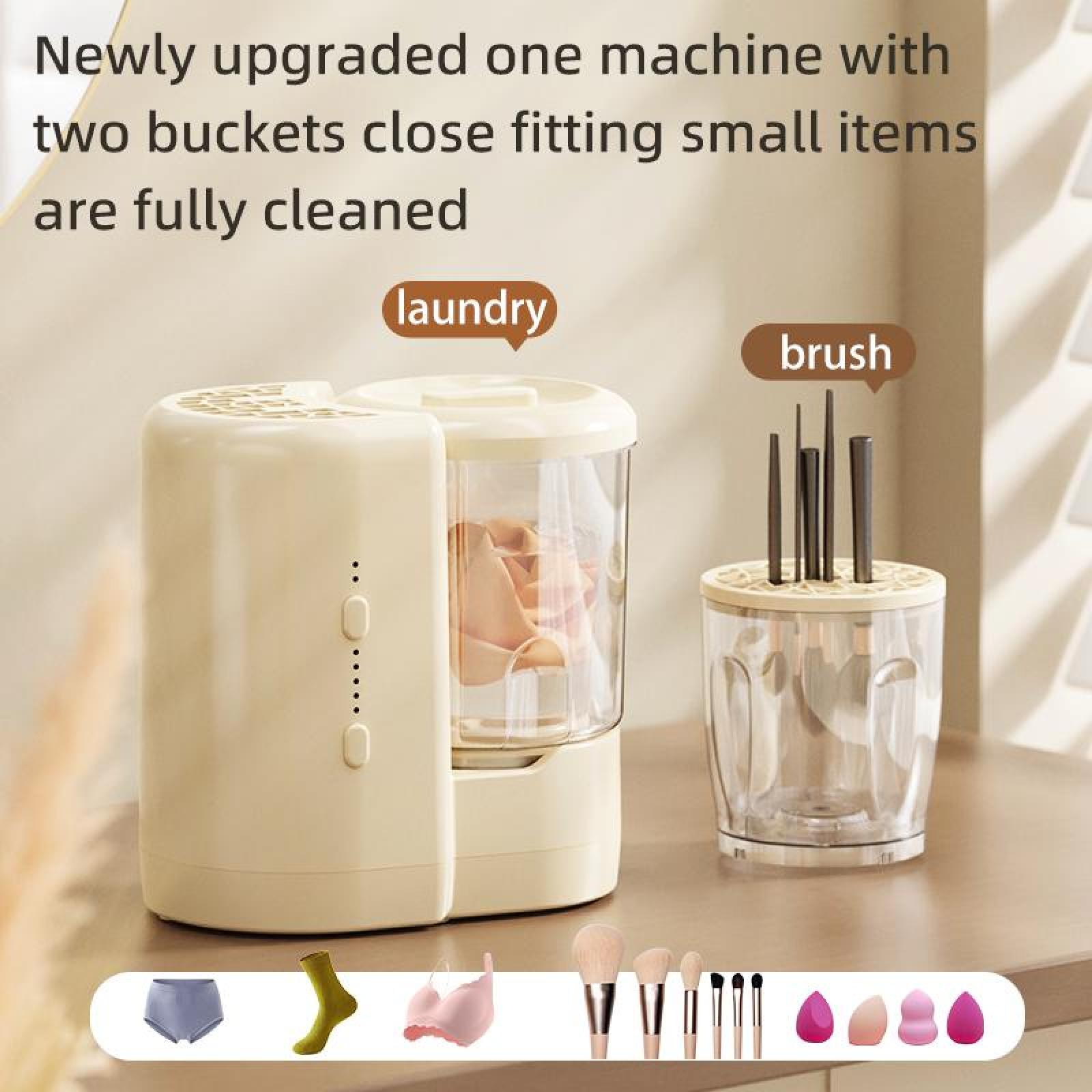 Eine cremefarbene Waschmaschine mit zwei Fächern, einem Pinselhalter und verschiedenen kleinen Wäsche- und Make-up-Artikeln.