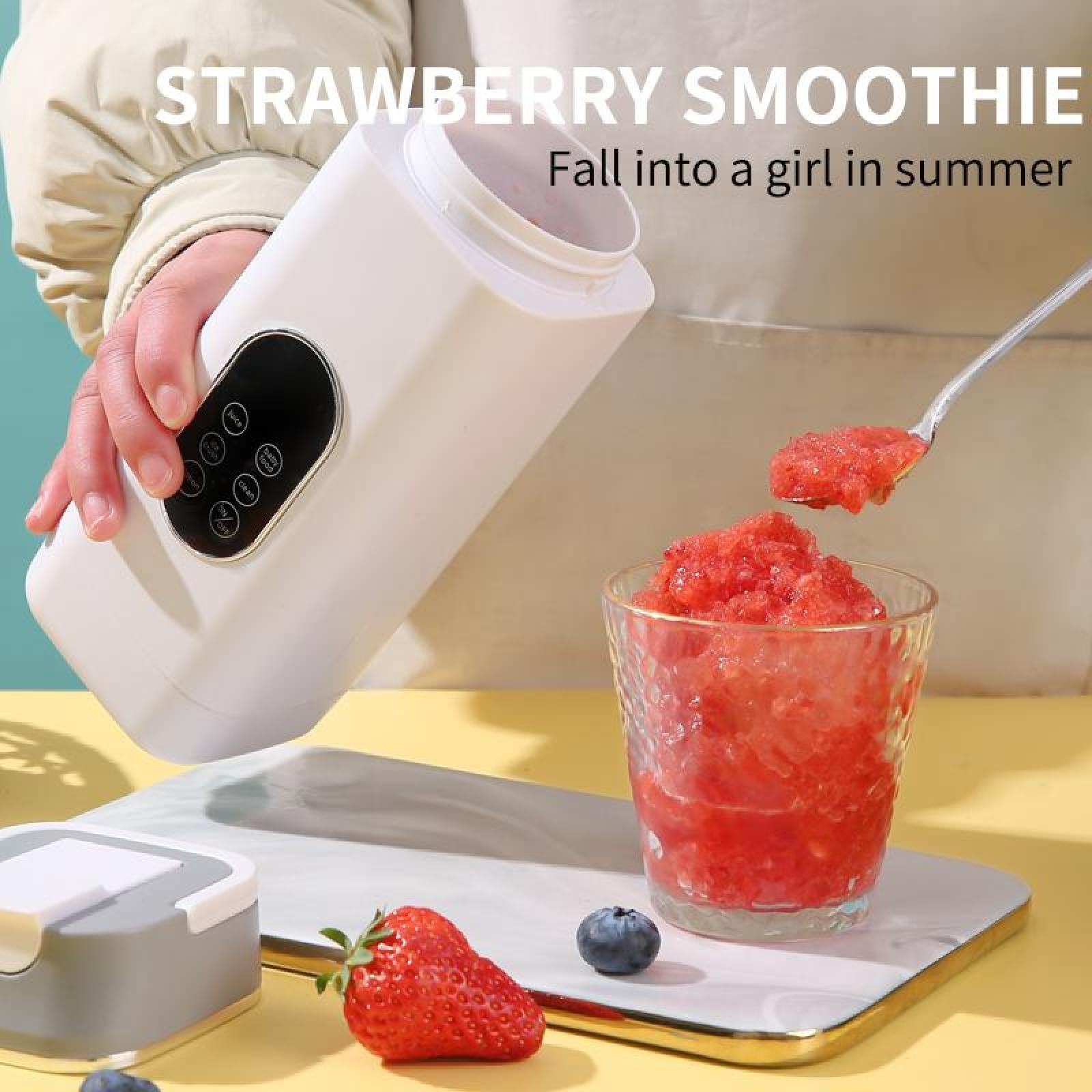 Eine Person hält einen Smoothie-Maker, ein Glas mit rotem Smoothie und Erdbeeren und eine Blaubeere auf dem Teller.