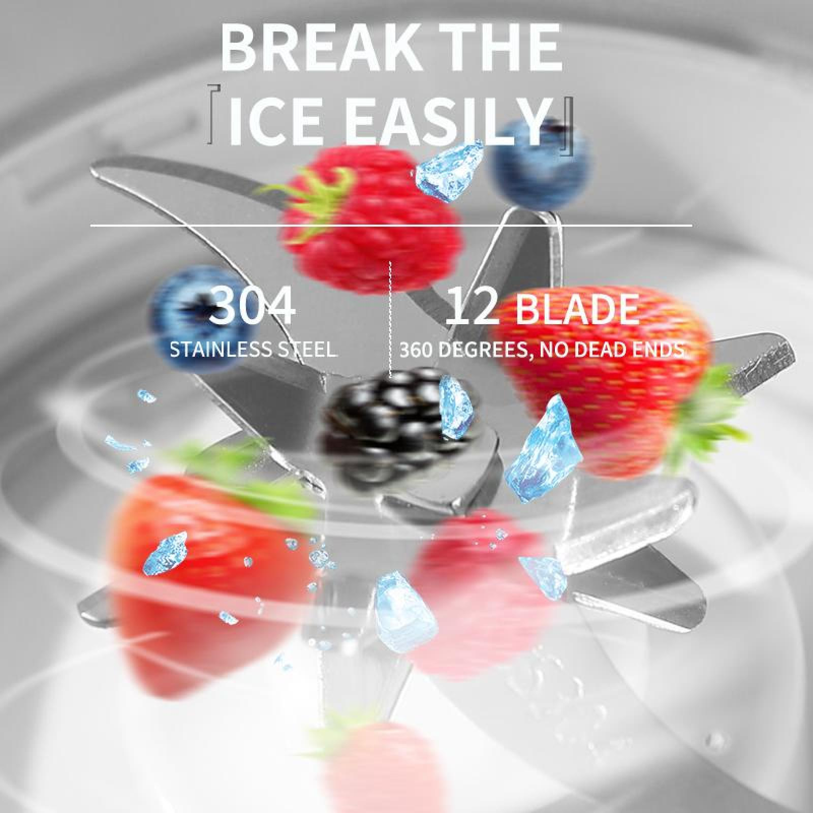 Das Bild zeigt einen Mixer mit Klingen, Erdbeeren, Blaubeeren, Eiswürfeln und dem Text 'Break the ice easily'.