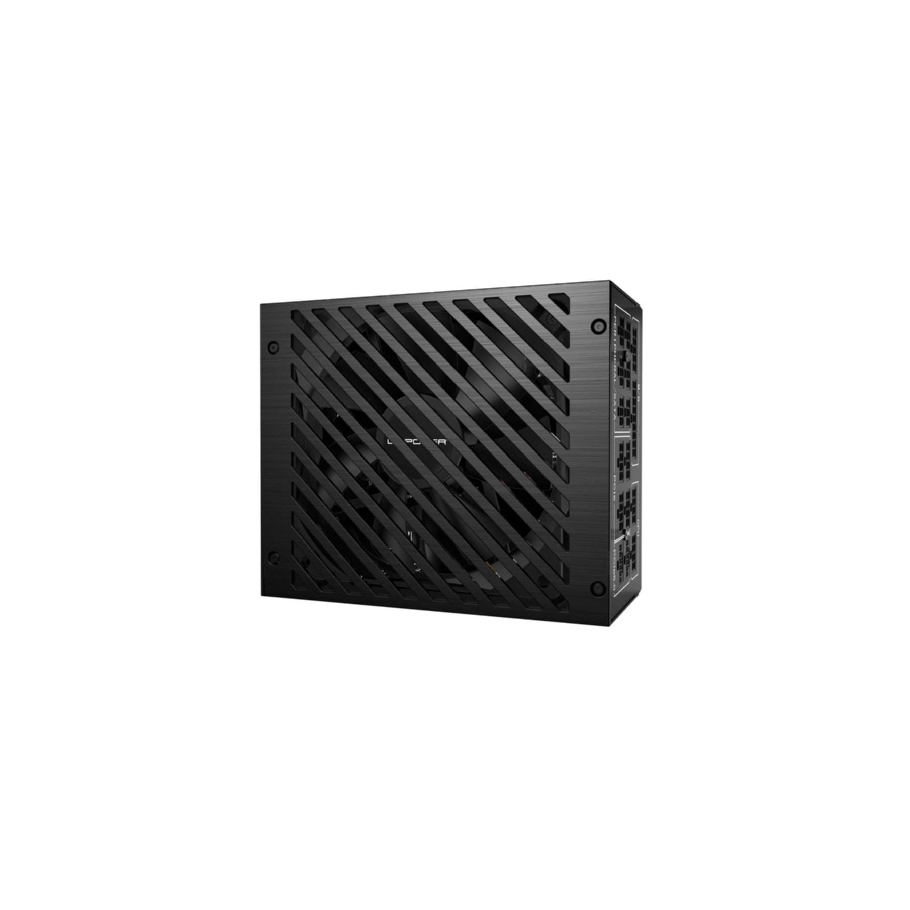 Czarny zasilacz komputerowy z diagonalnym wzorem kratki i panelem bocznym z różnymi portami.