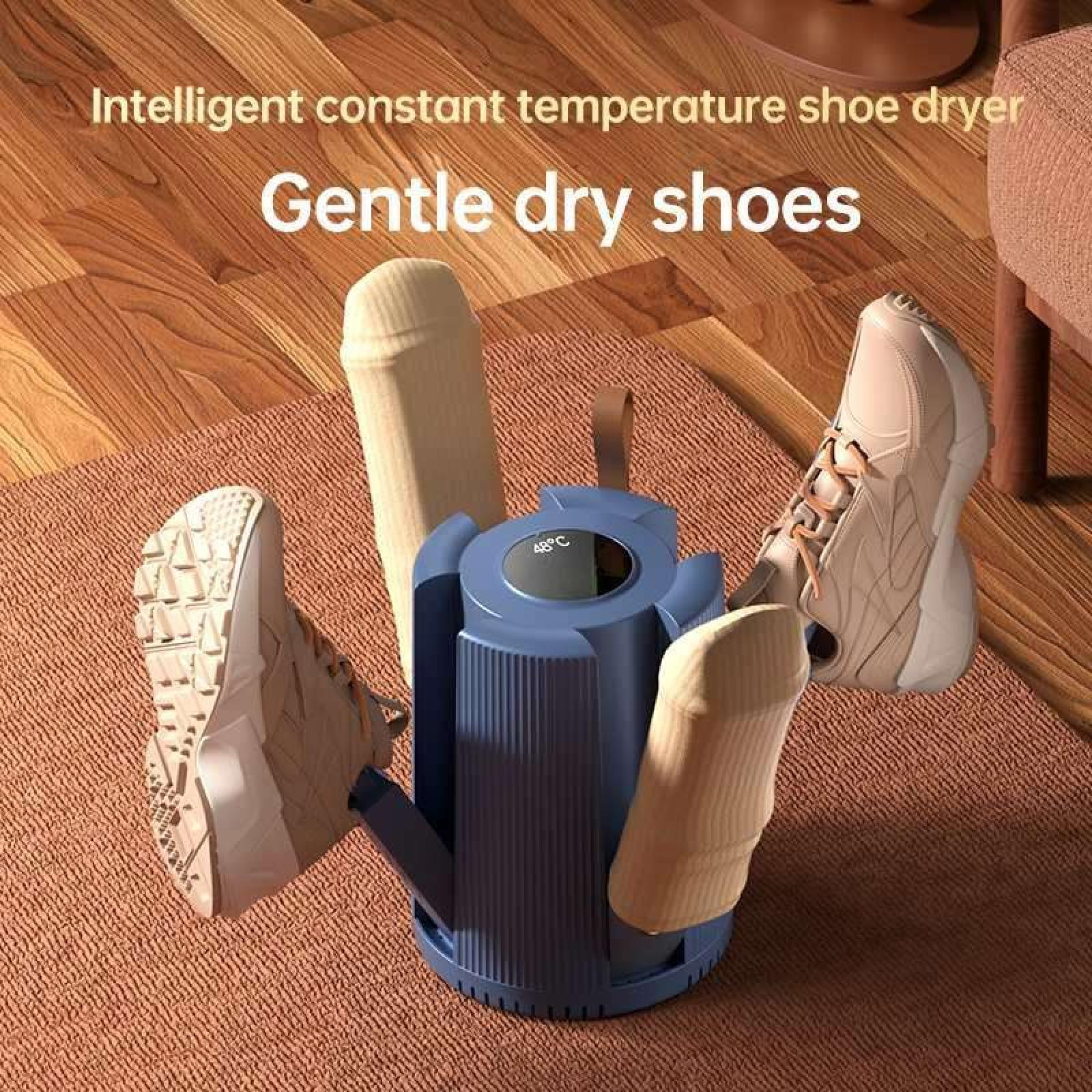 Ein blauer Schuhtrockner mit Schuhen und Socken. Der Trockner steht auf einem braunen Teppich und Holzboden.