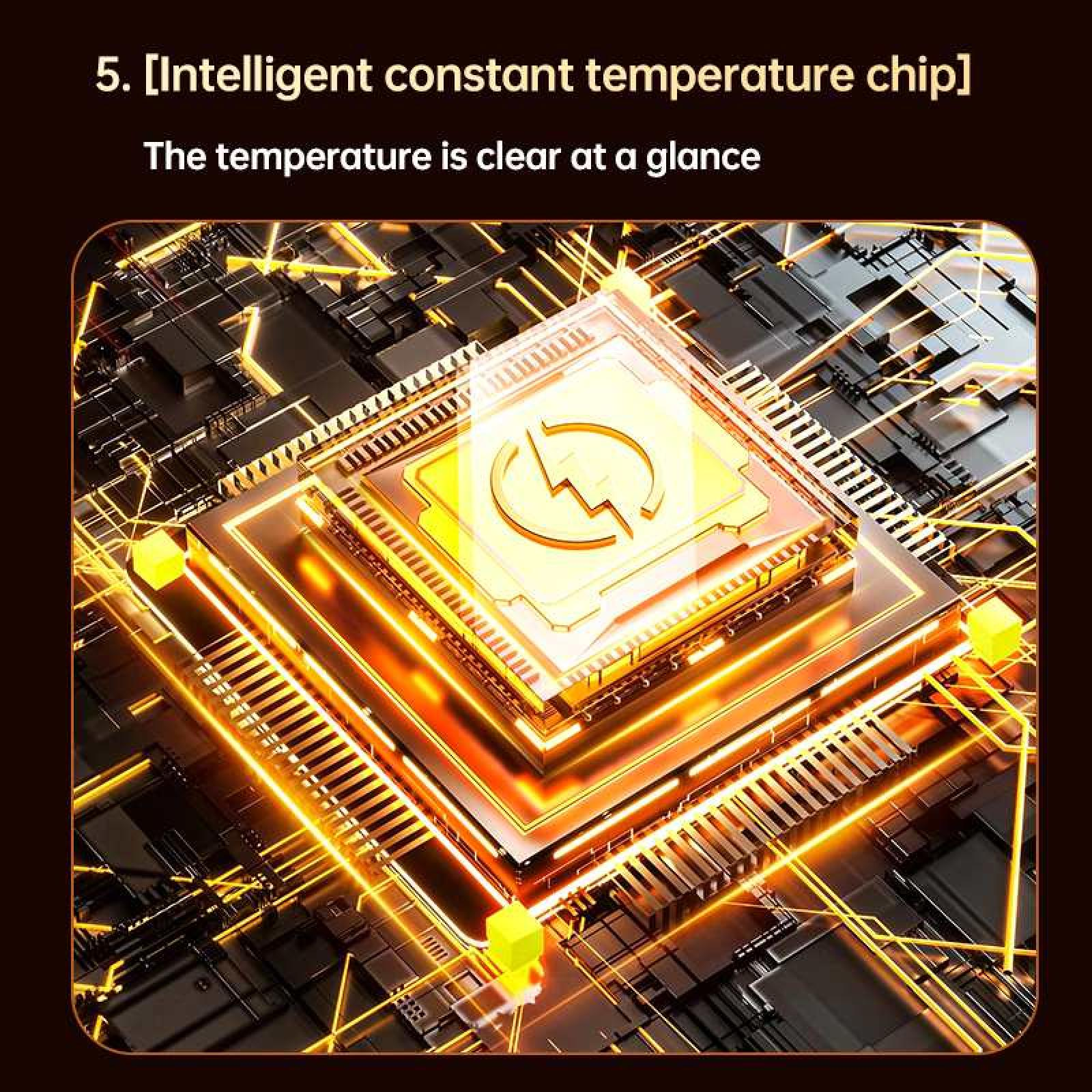 Ein beleuchteter Mikrochip mit Blitzsymbol. Der Hintergrund zeigt eine komplexe Leiterplatte.