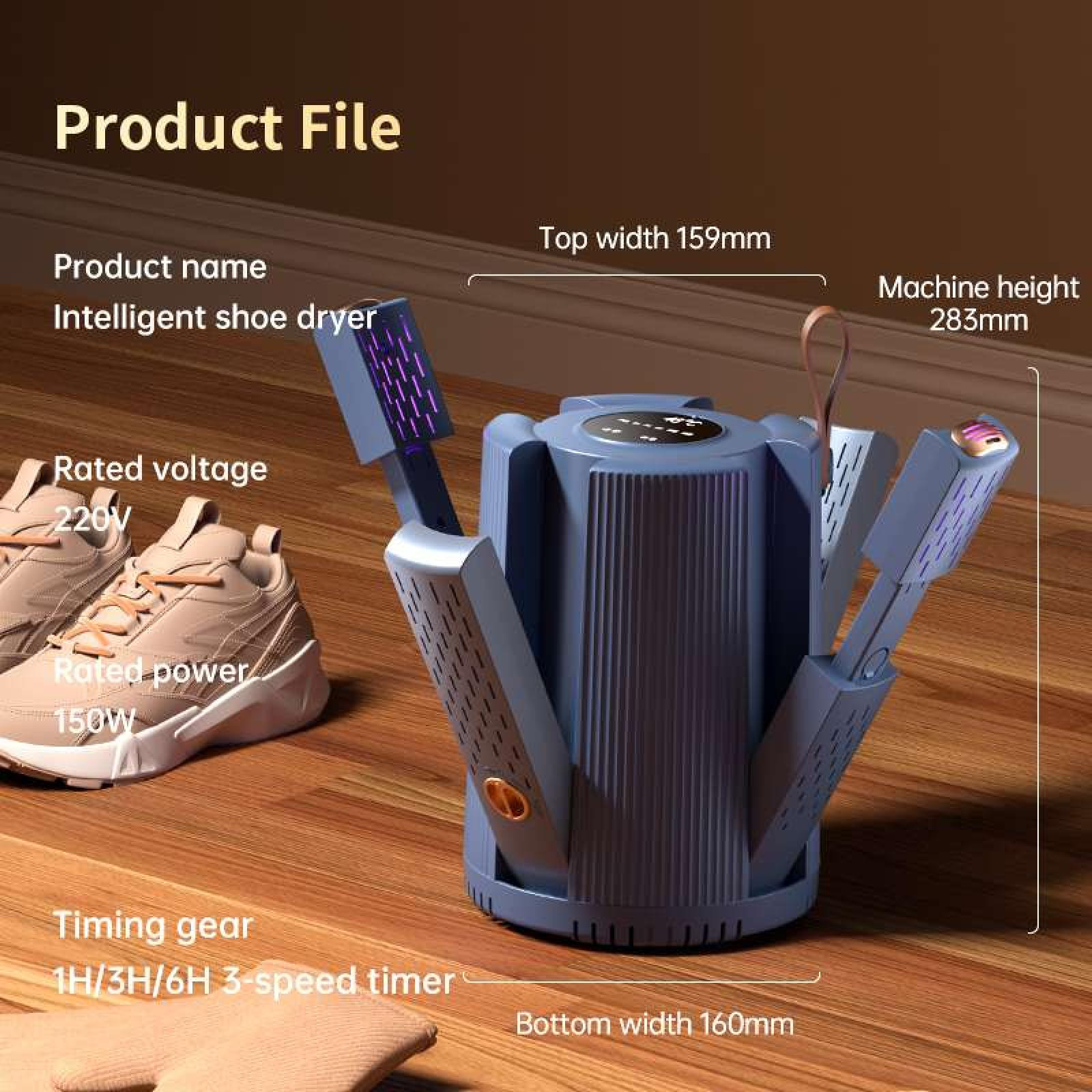 Ein intelligenter Schuhtrockner mit Spezifikationen: 220V, 150W und einem 3-Gang-Timer. Der Trockner ist blau und hat Abmessungen.