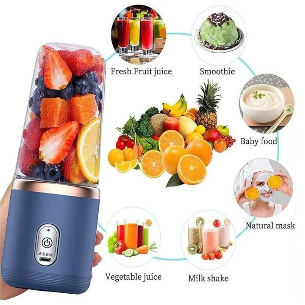 Eine Hand hält einen blauen Mixer mit Früchten gefüllt. Darum herum sind Bilder von Säften, Smoothies, Babynahrung und einer Frau mit Maske.