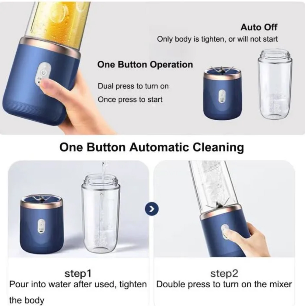 Ein blauer tragbarer Mixer wird gezeigt. Anweisungen beschreiben die Ein-Knopf-Bedienung und die automatische Reinigung mit Wasser.