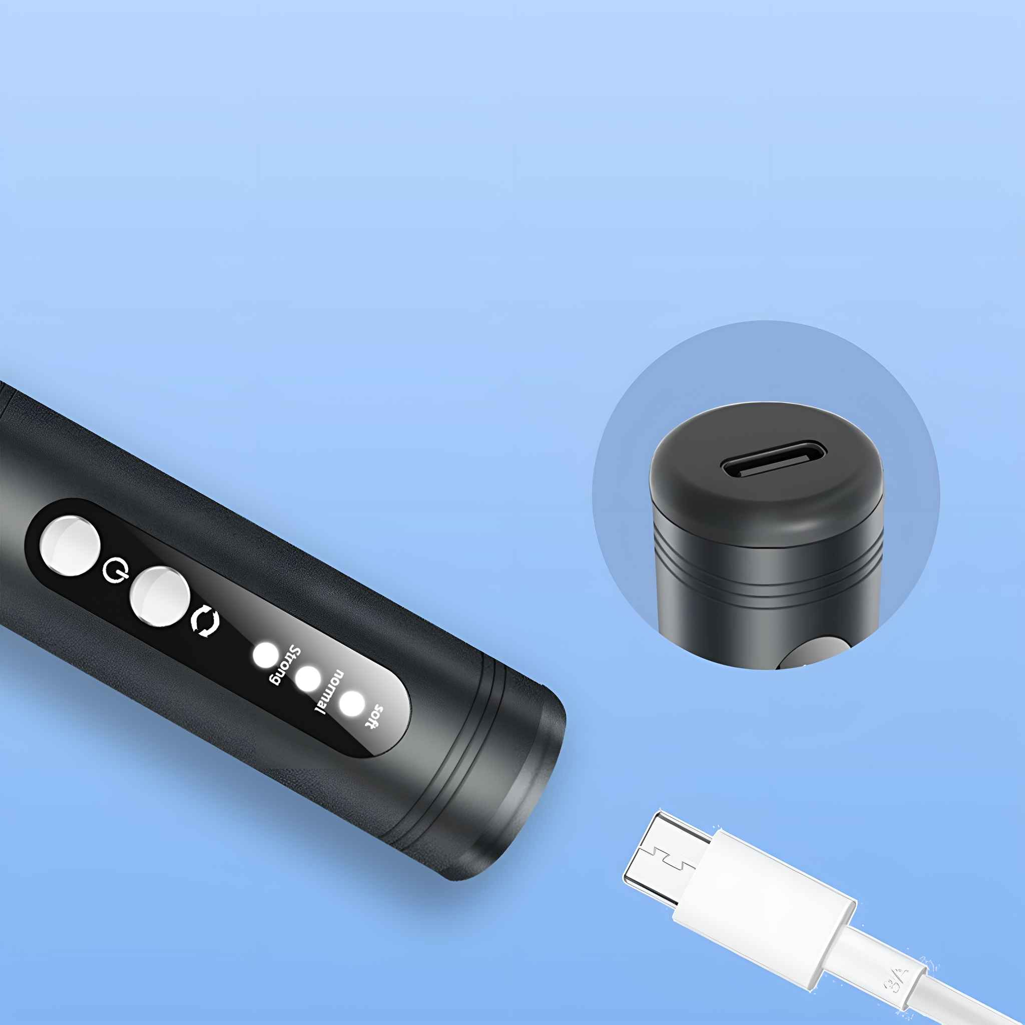 Schwarzes Gerät mit Knöpfen und Kontrollleuchten. Ein USB-C-Anschluss und ein Ladekabel sind sichtbar. Der Hintergrund ist blau.