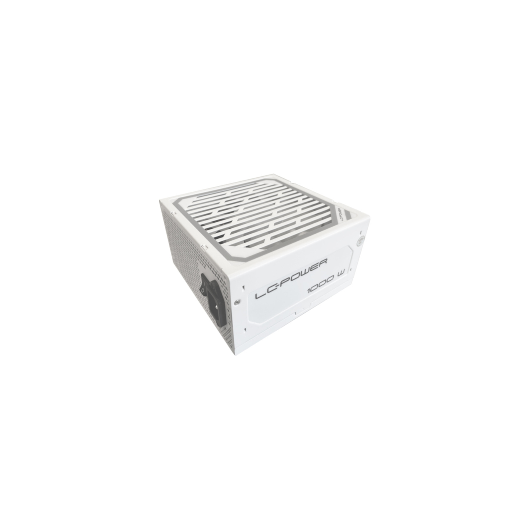 Ein weißes LC-POWER 1000W Netzteil auf weißem Hintergrund. Es ist rechteckig mit einem Lüftergitter oben.
