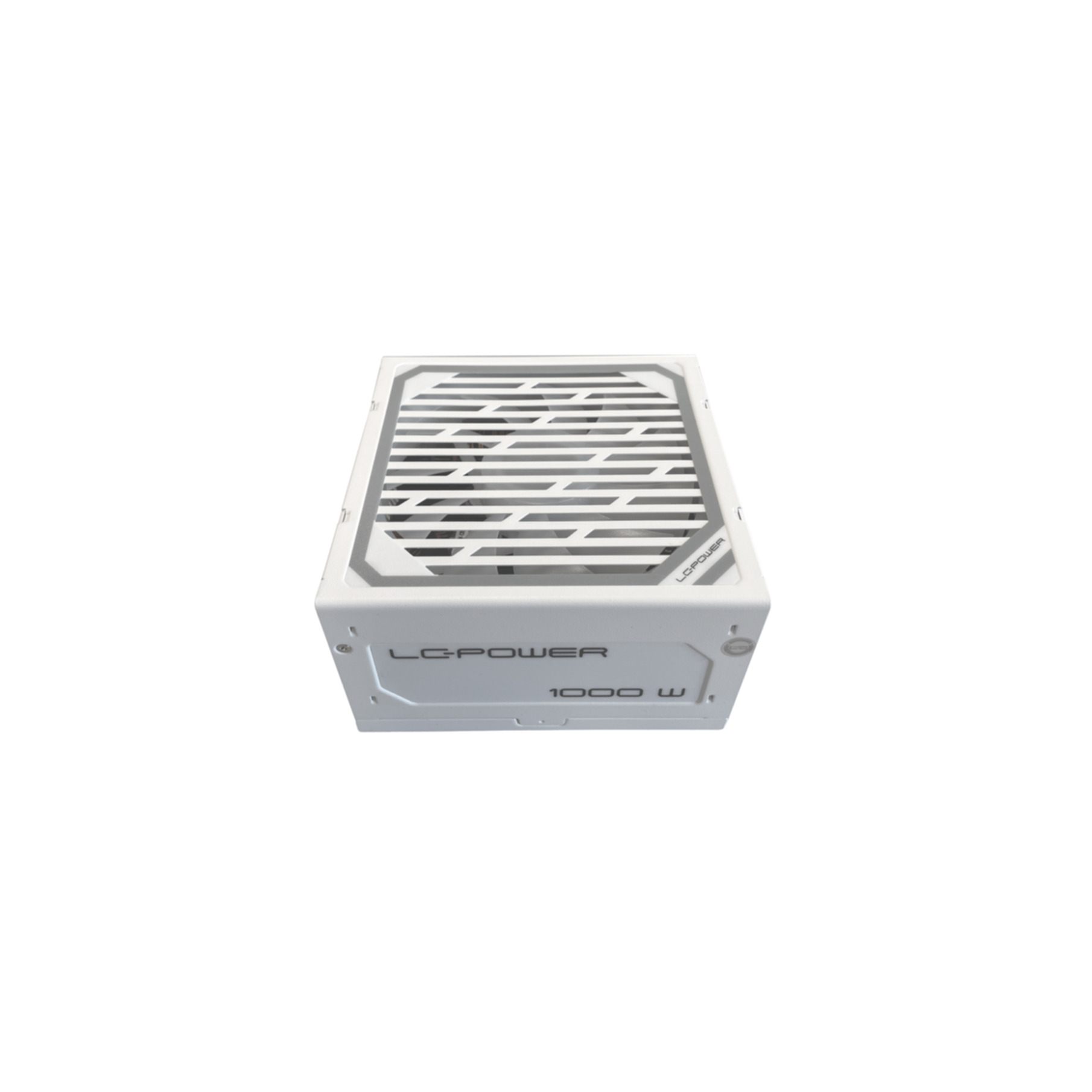Weißes LC-POWER 1000 W Netzteil, schräge Ansicht. Die Oberseite hat ein Lüftergitter-Design.