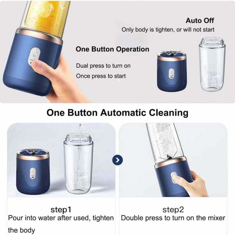 Ein blauer Mixer mit Gebrauchsanweisung und Reinigung. Der Mixer hat eine Ein-Knopf-Bedienung und automatische Reinigung.