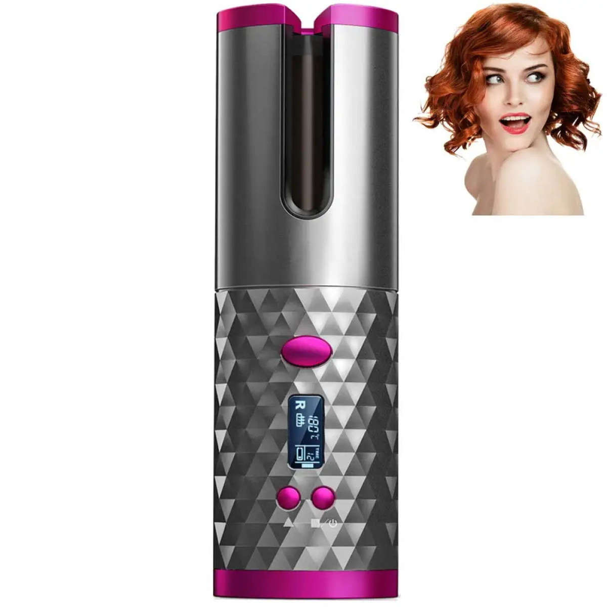 Een zilveren en roze krultang wordt getoond met een vrouw met rood haar. Het ijzer heeft knoppen en een digitaal display.