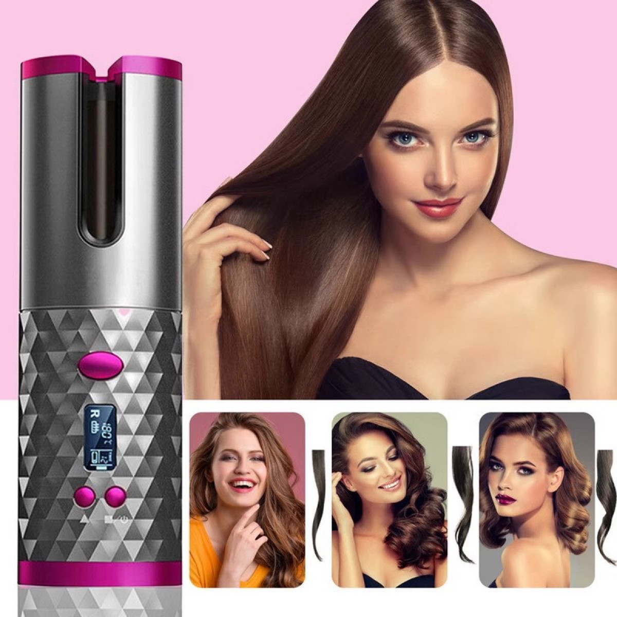 Afbeelding toont een krultang, een vrouw met lang bruin haar en drie vrouwen met gestyled haar.