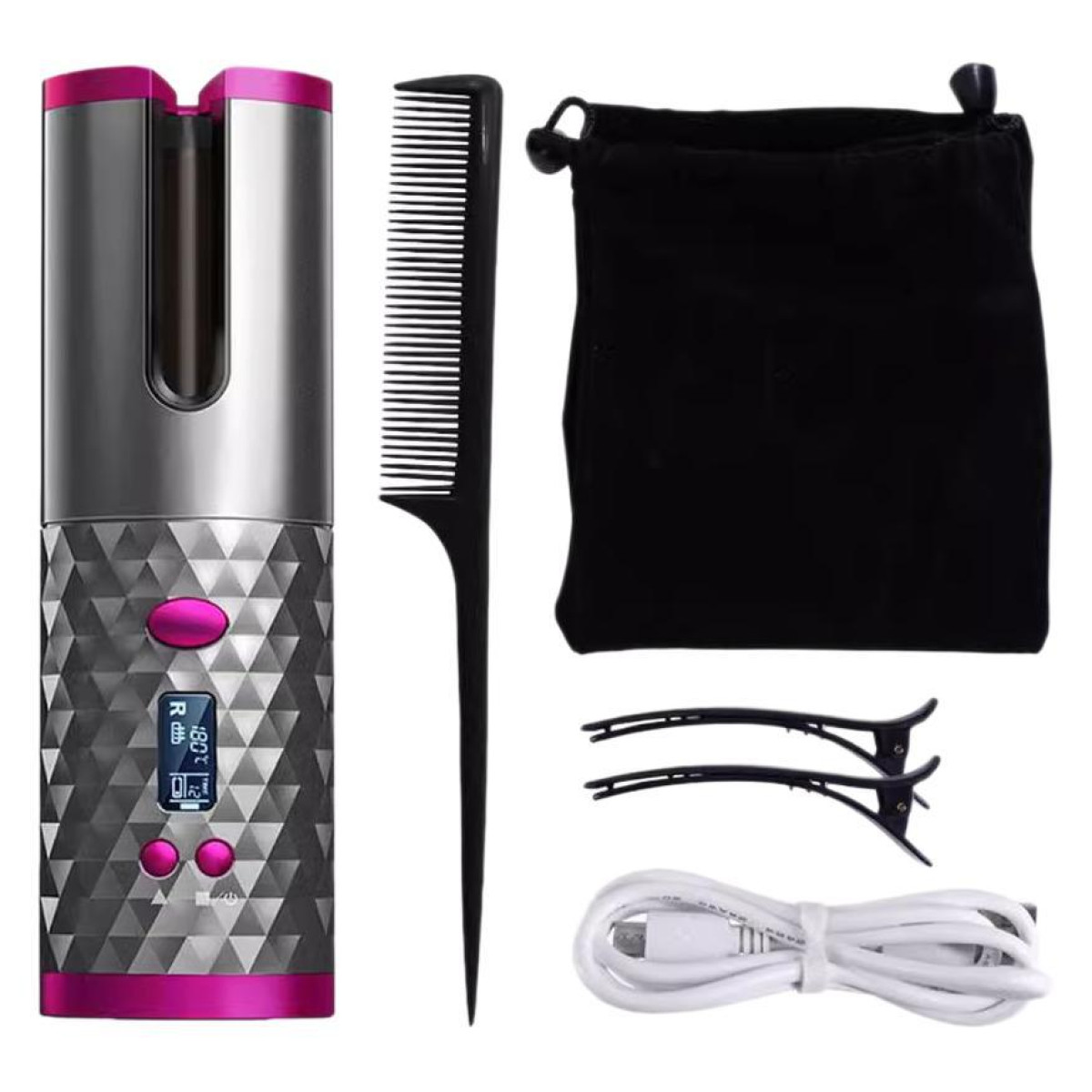 Een krultang met accessoires: kam, opbergtas, haarclips en USB-kabel. Het heeft een roze en zilveren design.
