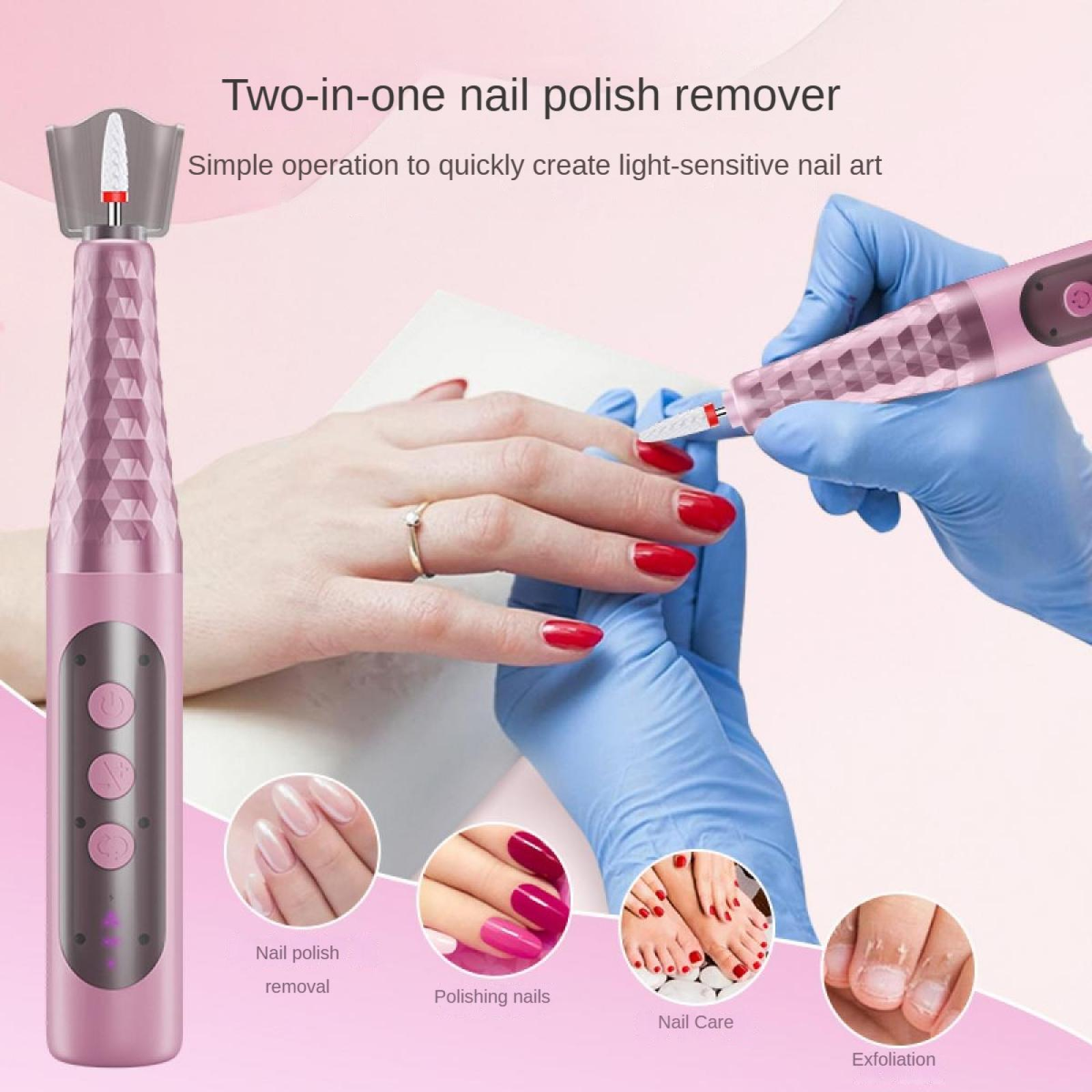 Das Bild zeigt einen rosa Nagellackentferner, der an einer Hand mit roten Nägeln verwendet wird. Andere Bilder zeigen Nagelpflege.