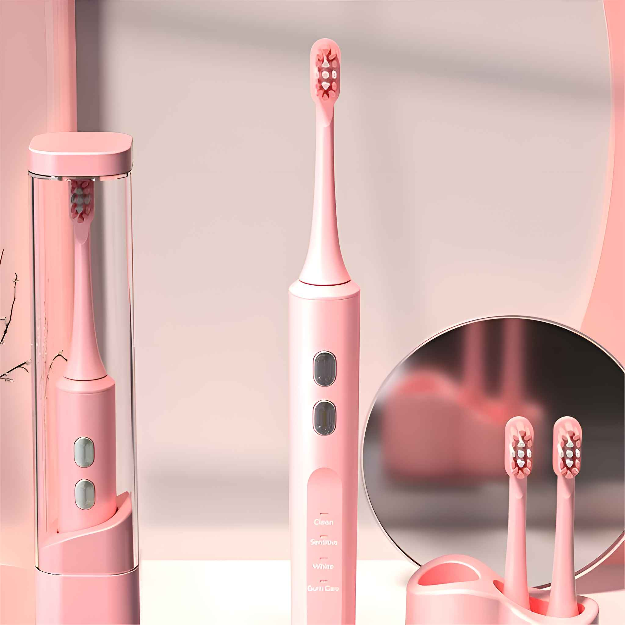 Eine rosa elektrische Zahnbürste mit Hülle, zwei Ersatzköpfen und einem Spiegel auf rosa Hintergrund.