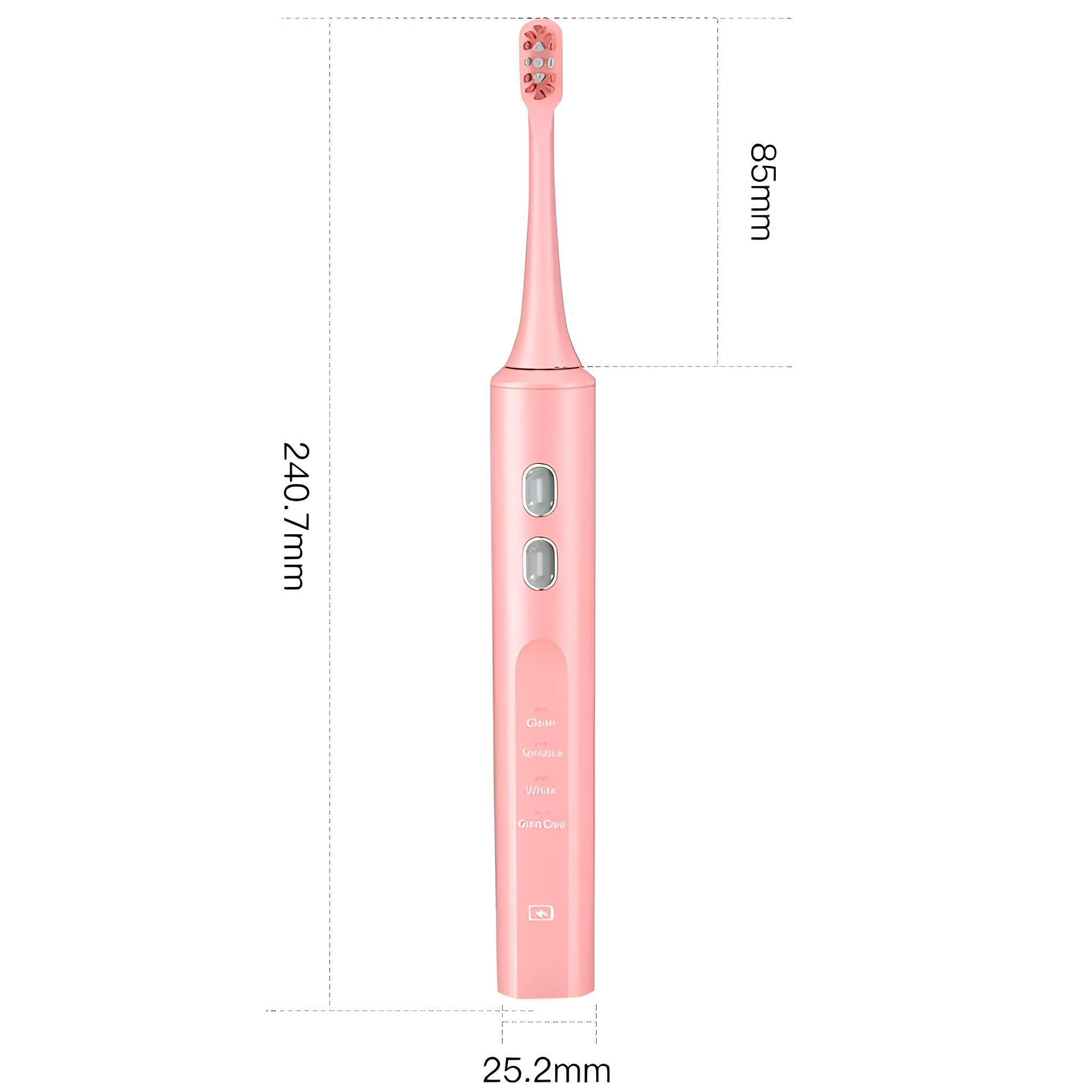 Eine rosa elektrische Zahnbürste mit Abmessungen. Sie hat Knöpfe und Modus-Anzeigen am Griff und einen Bürstenkopf.