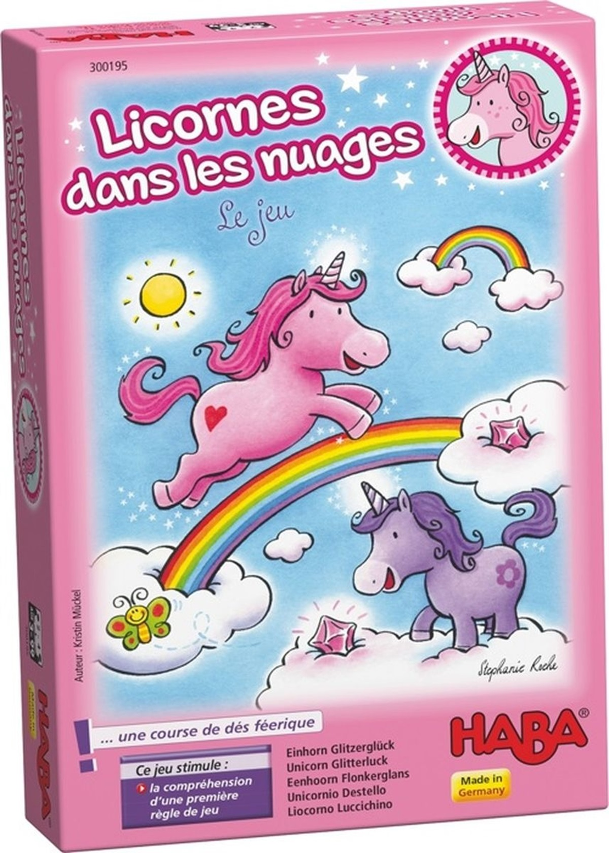 Schachtelkunst: rosa Hintergrund, Einhörner, Regenbogen, Wolken und Sonne. Text: 'Licornes dans les nuages', HABA-Logo und deutscher Text.