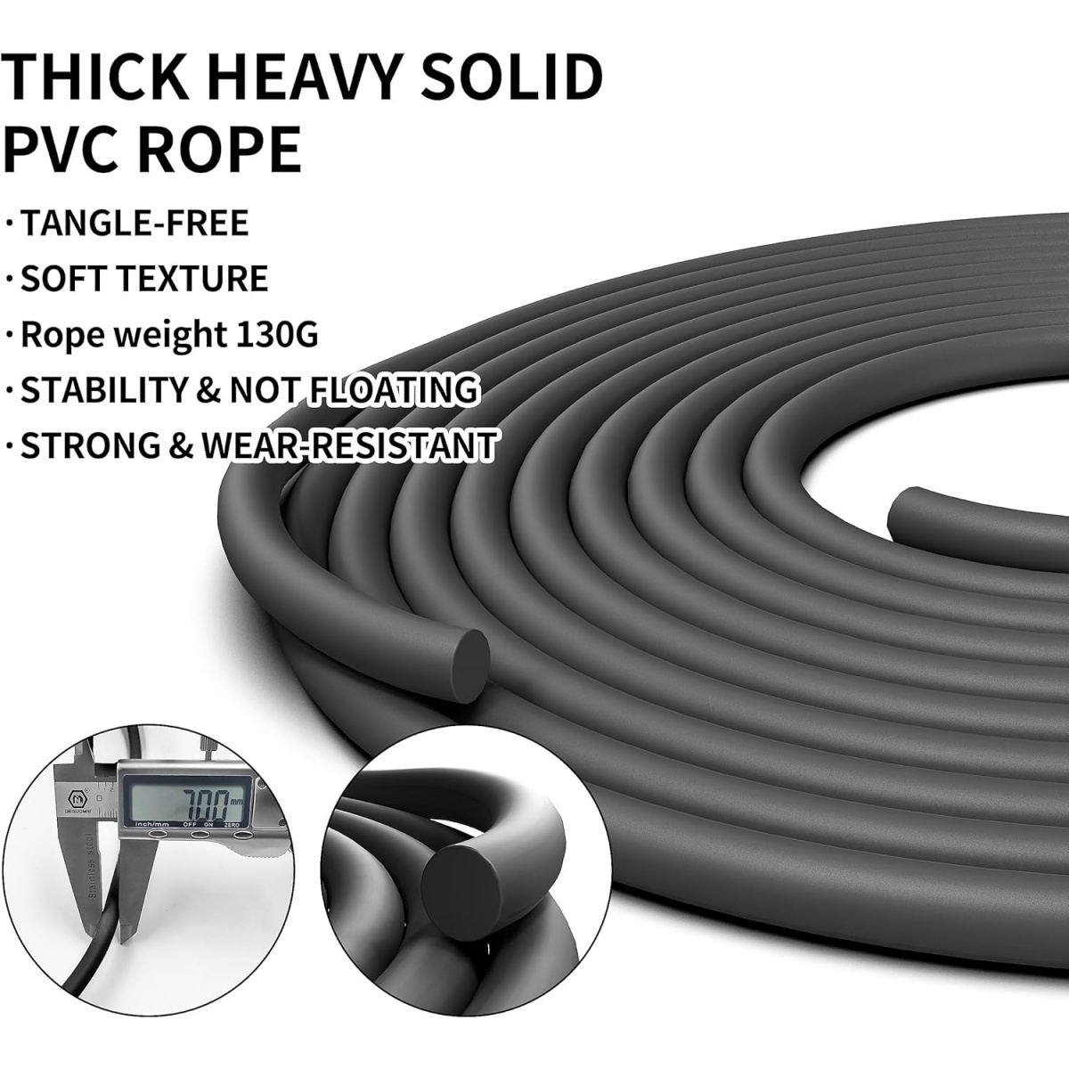Nahaufnahme eines dicken, schwarzen PVC-Seils. Text hebt Merkmale wie knitterfrei und weiche Textur hervor. Ein Messschieber wird ebenfalls gezeigt.