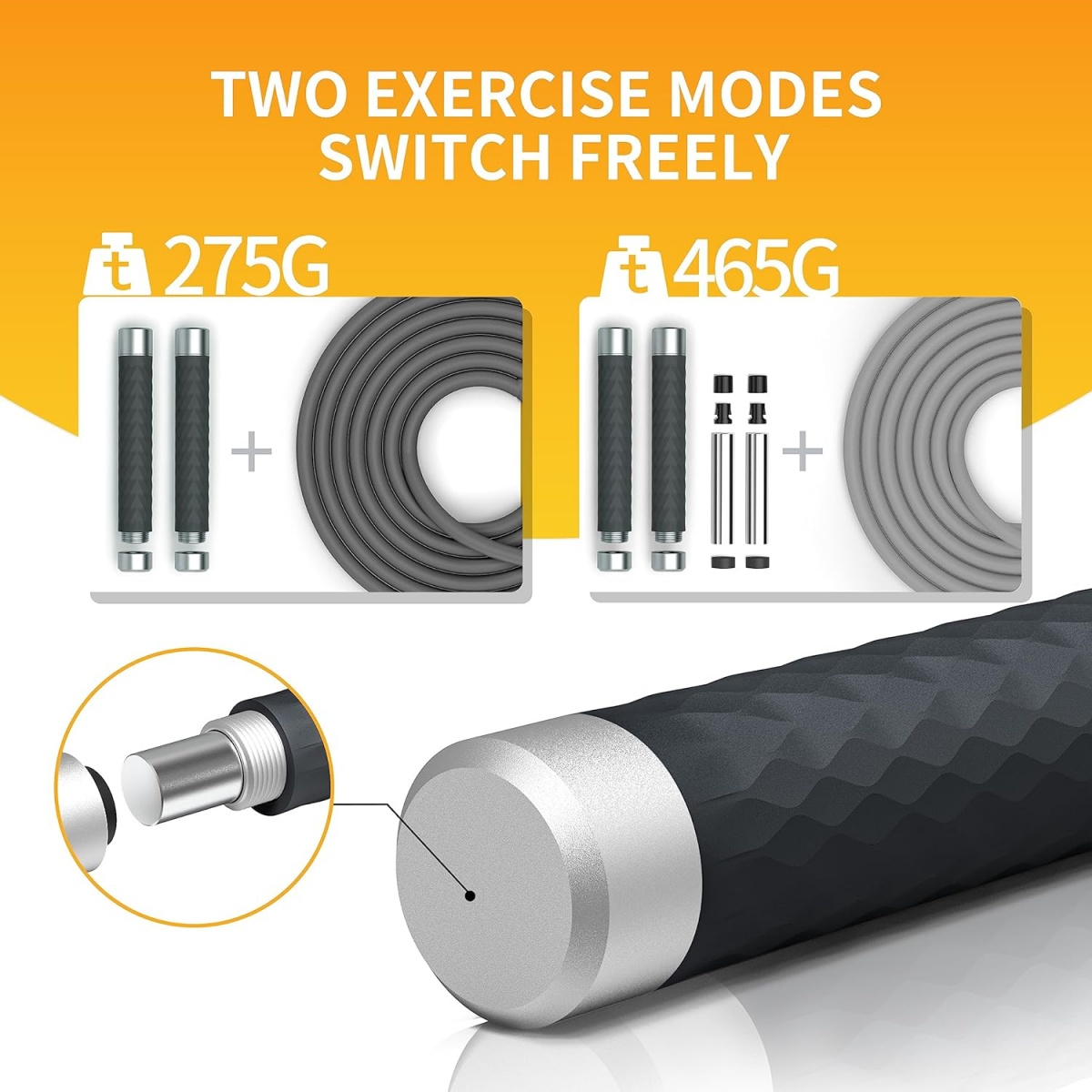 Das Bild zeigt zwei Trainingsmodi: 275g und 465g. Jeder Modus enthält Griffe und ein Seil. Ein Modus enthält zusätzliche Komponenten.