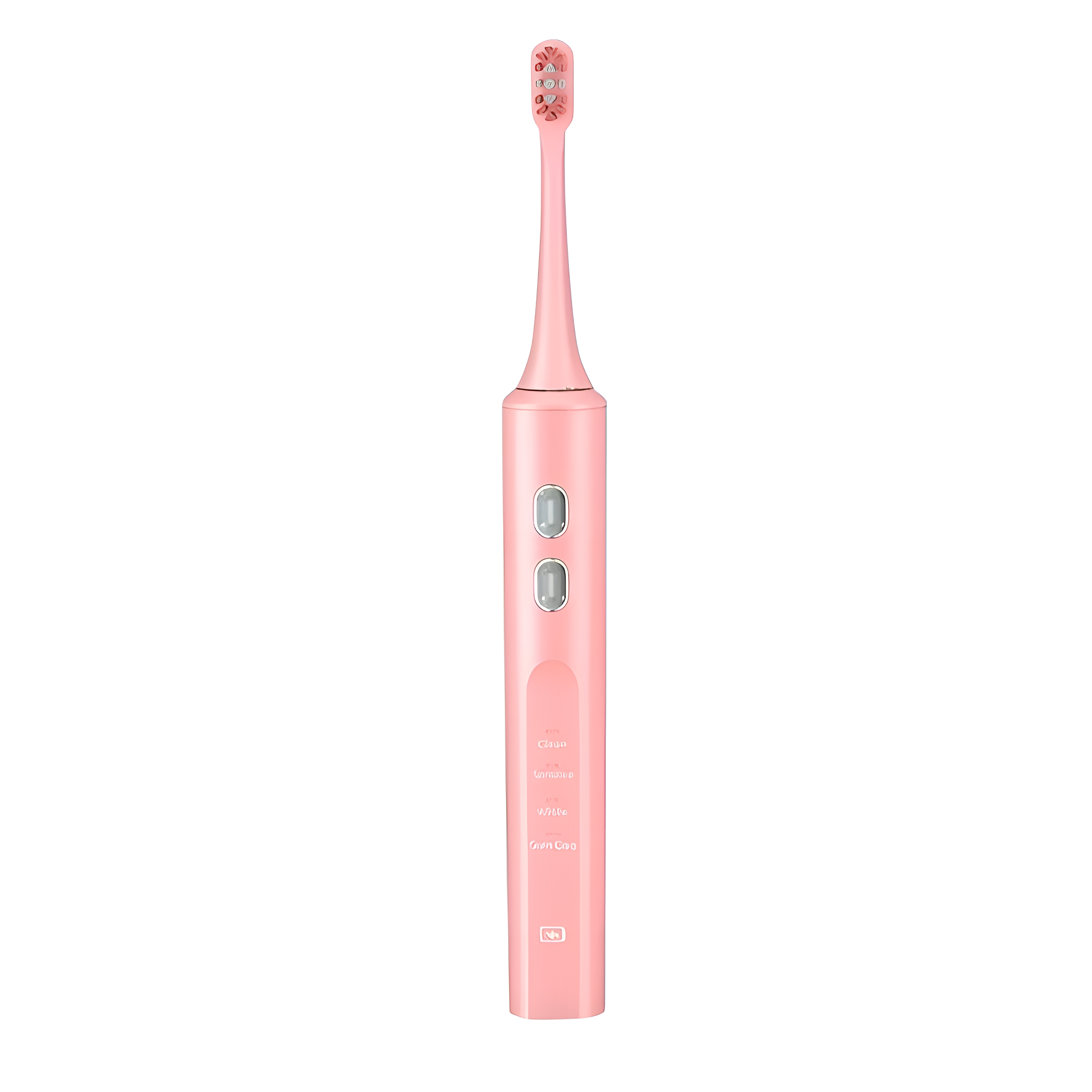 Eine rosa elektrische Zahnbürste auf weißem Hintergrund. Sie hat einen langen Griff mit Knöpfen und einen Bürstenkopf.