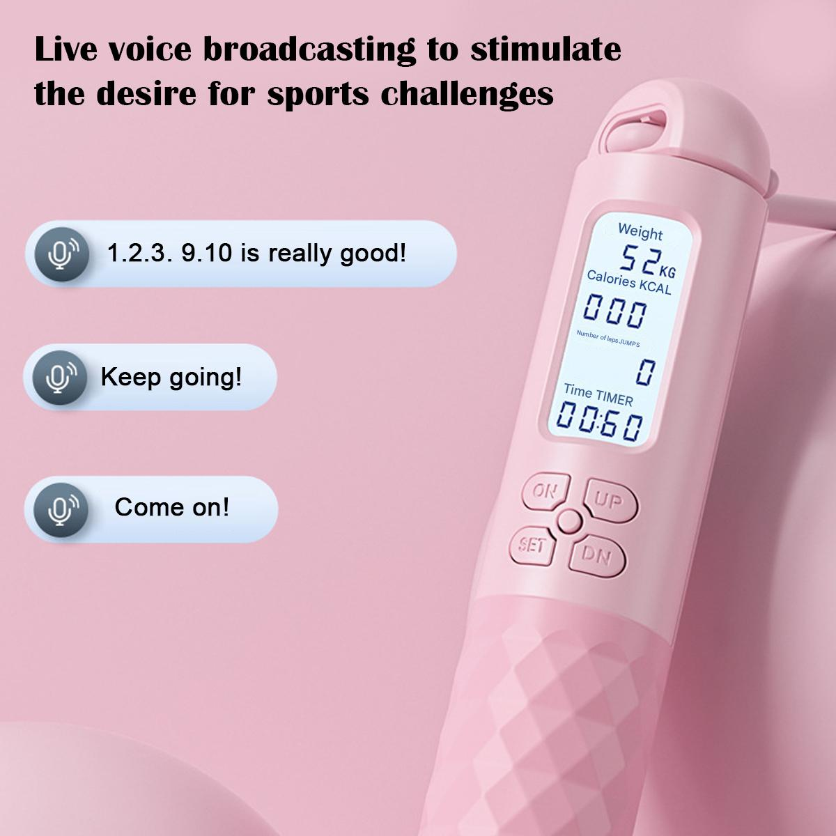 Ein rosa Springseil mit LCD-Bildschirm, der Gewicht, Kalorien und Timer anzeigt. Textblasen sagen: „1.2.3. 9.10 ist wirklich gut!“