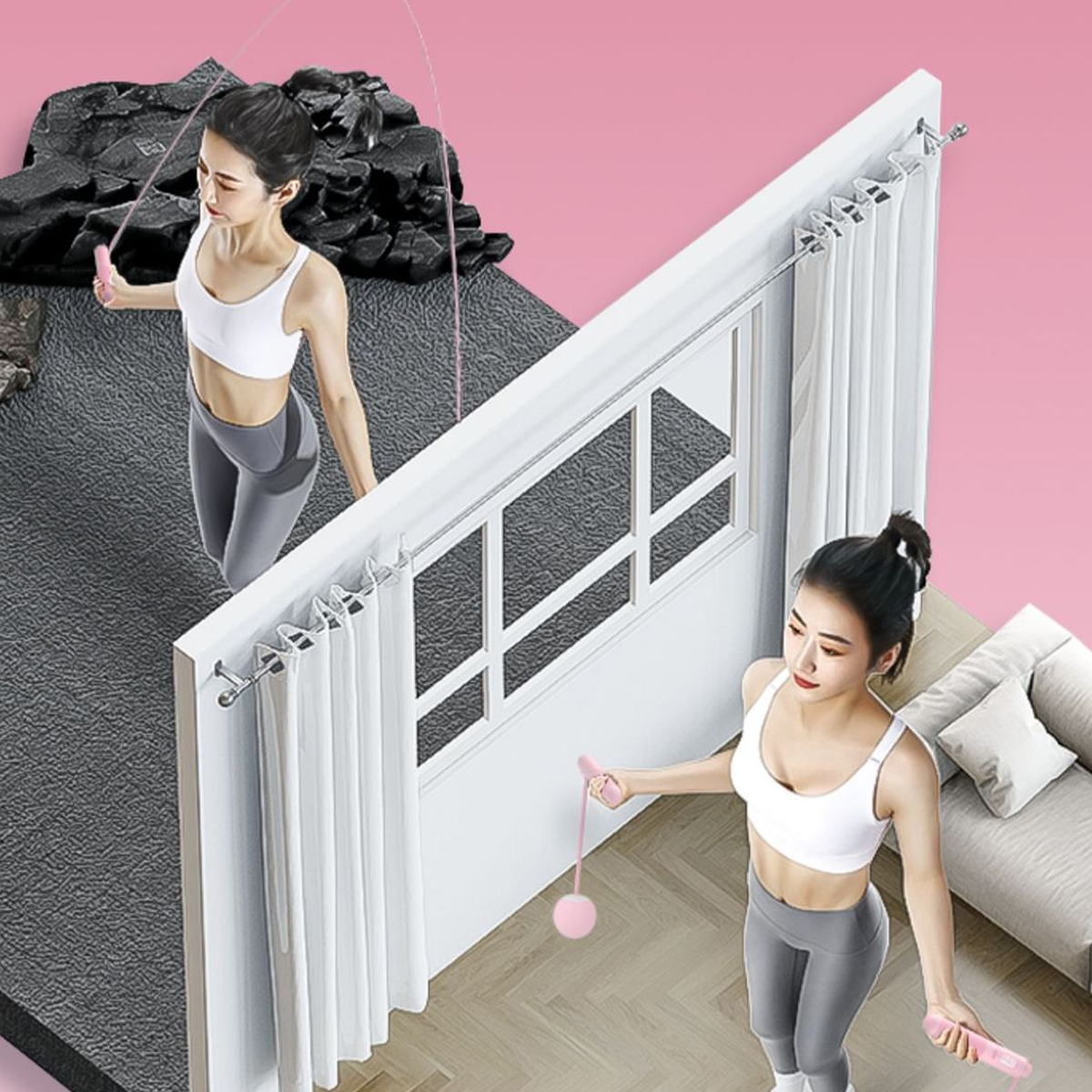 Zwei Frauen springen Seil. Eine auf einer grauen Matte, die andere auf Holzboden. Beide tragen weiße Tops und graue Leggings.