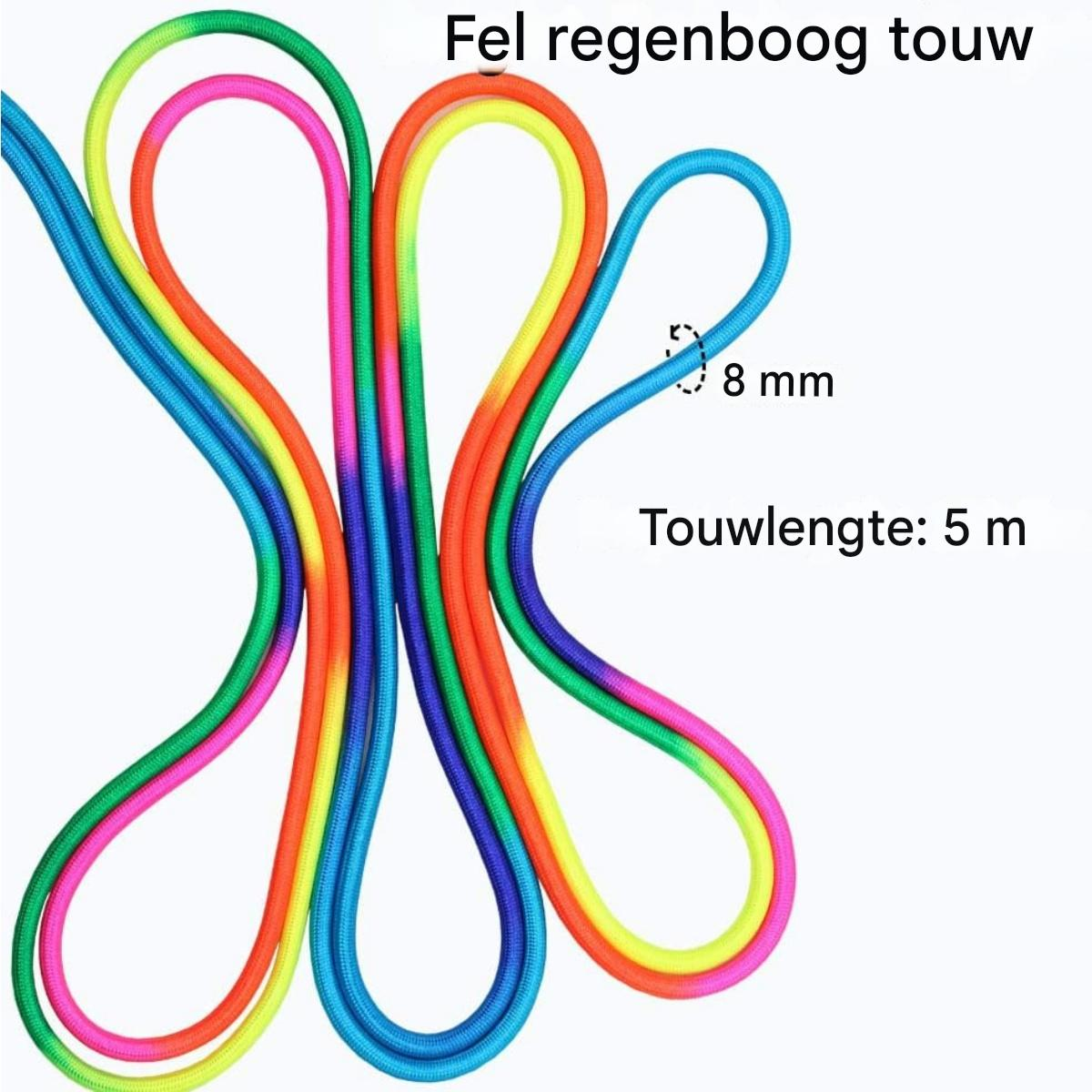 Ein mehrfarbiges Seil, als Regenbogen-Seil bezeichnet, ist in einem achtförmigen Muster geschlungen. Text weist auf 8mm Durchmesser und 5m Länge hin.