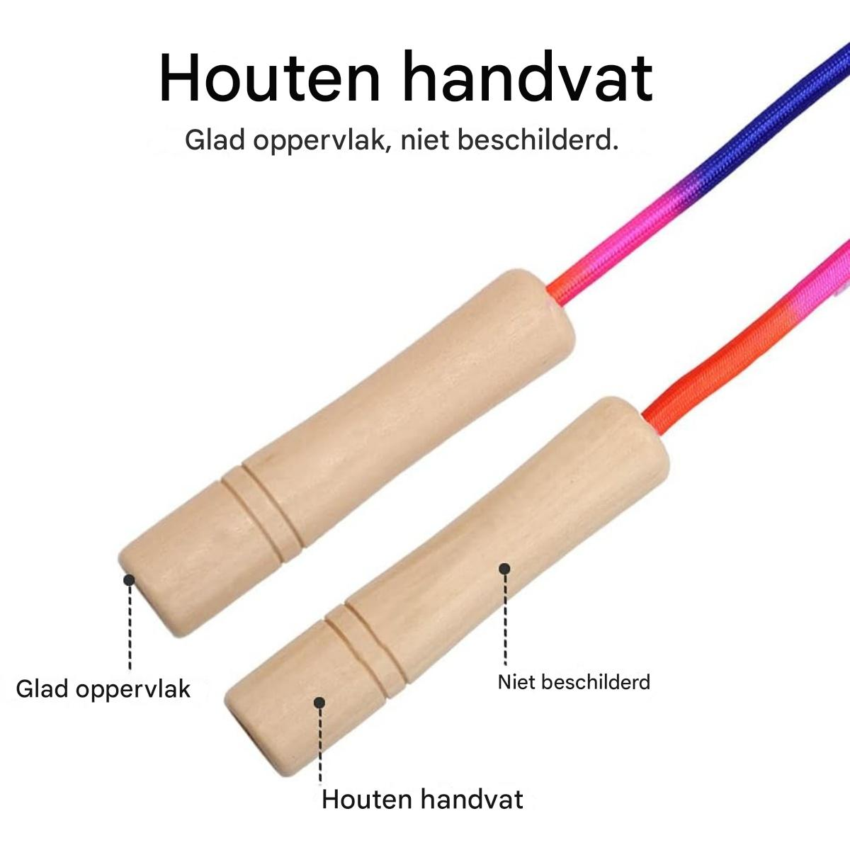 Zwei Holzgriffe mit bunten Seilen verbunden, beschriftet mit 'Holzgriff', 'Glatte Oberfläche' und 'Unlackiert'.